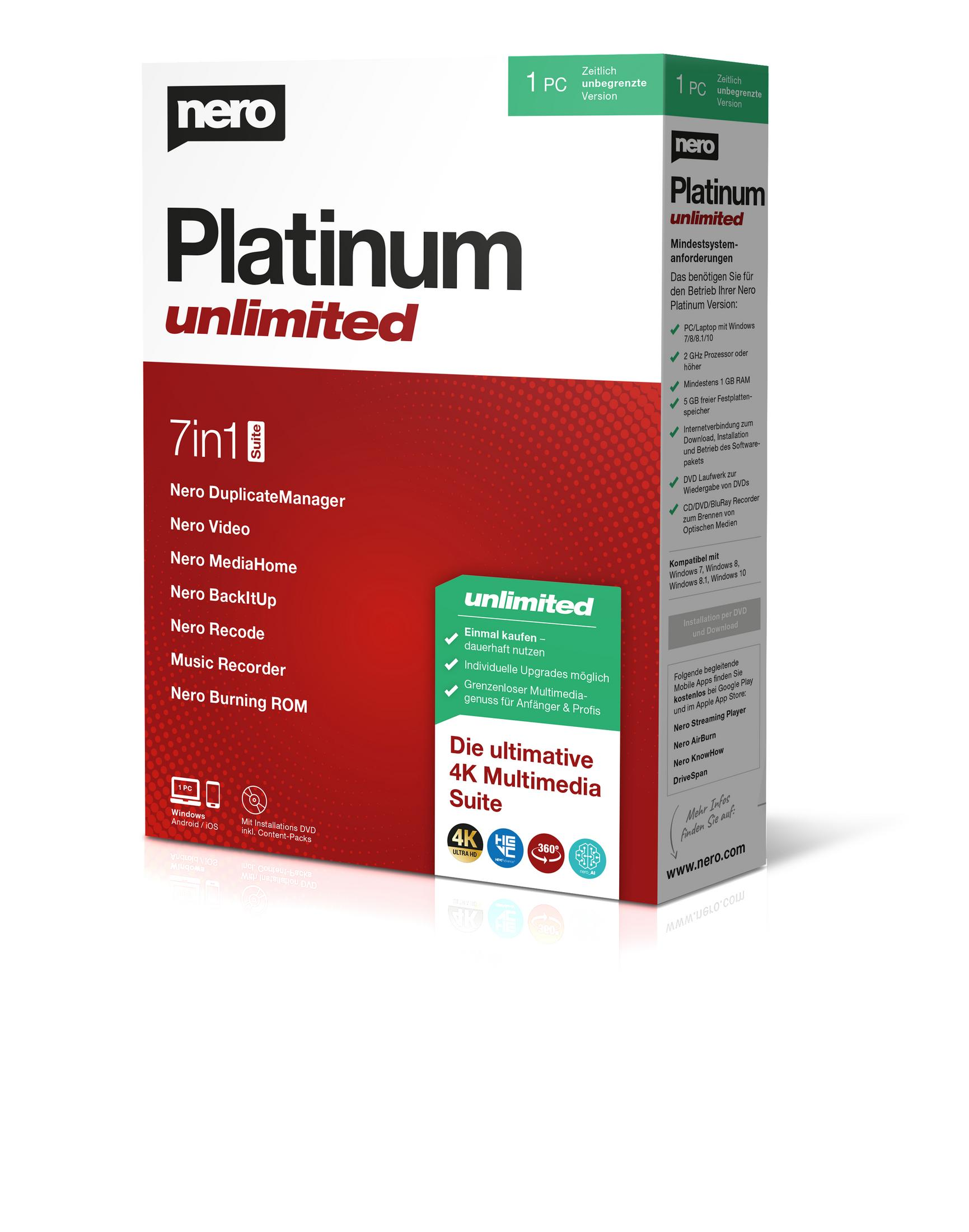 Scatola Nero Platinum Unlimited, design rosso e bianco con più loghi software.