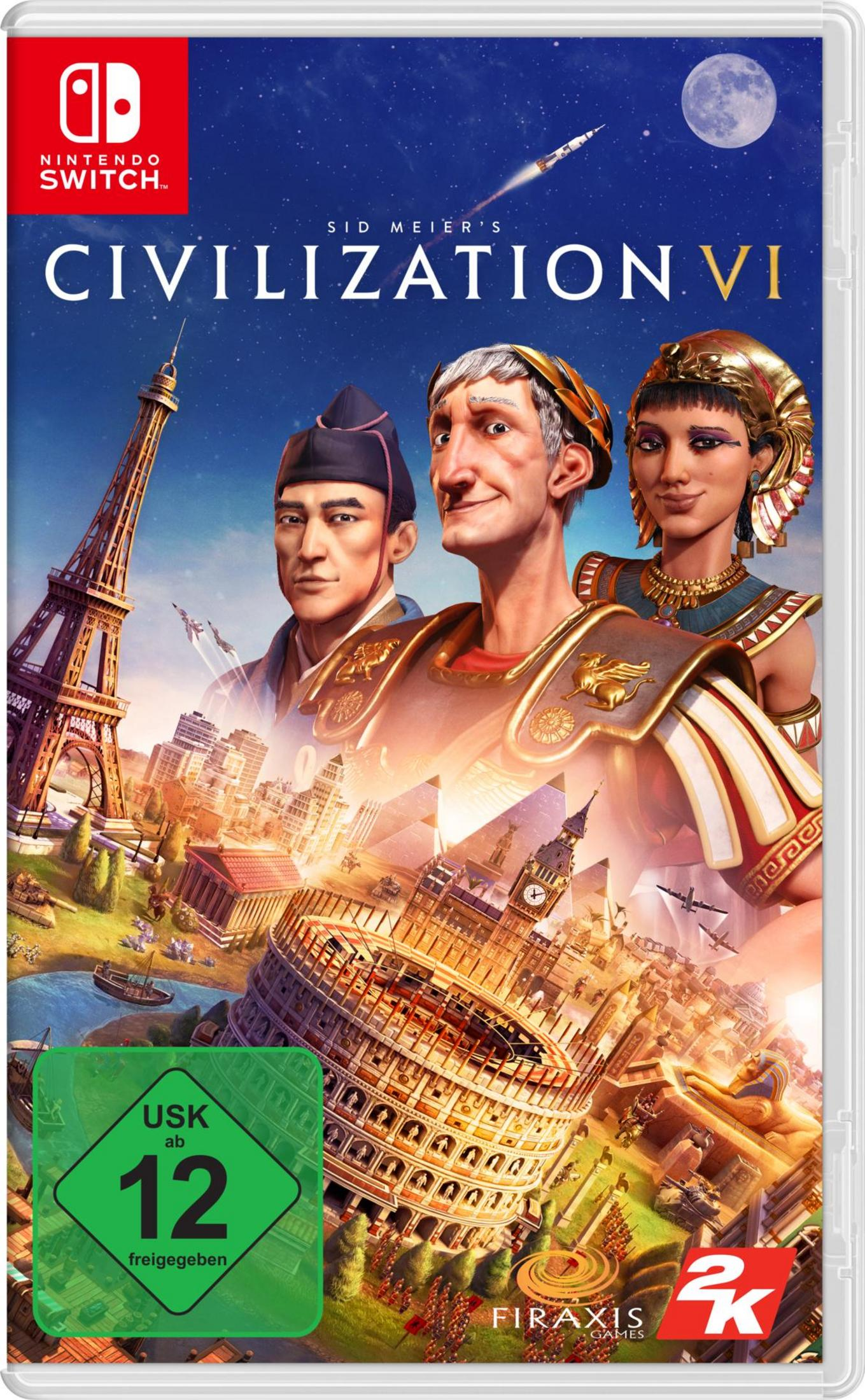 Okładka gry na Switch. Przedstawia postaci historyczne i krajobrazy miejskie. Tytuł: Civilization VI.