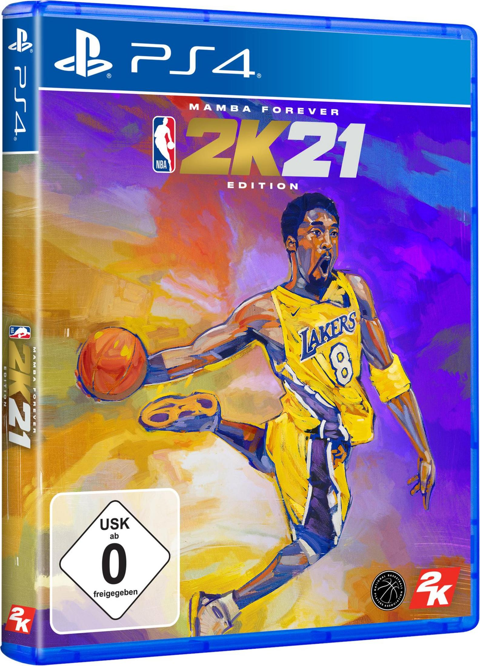 NBA 2K21 Mamba Forever Edition Spiel-Cover. Kobe Bryant in Lakers-Trikot springt. Lila und goldene Farben.