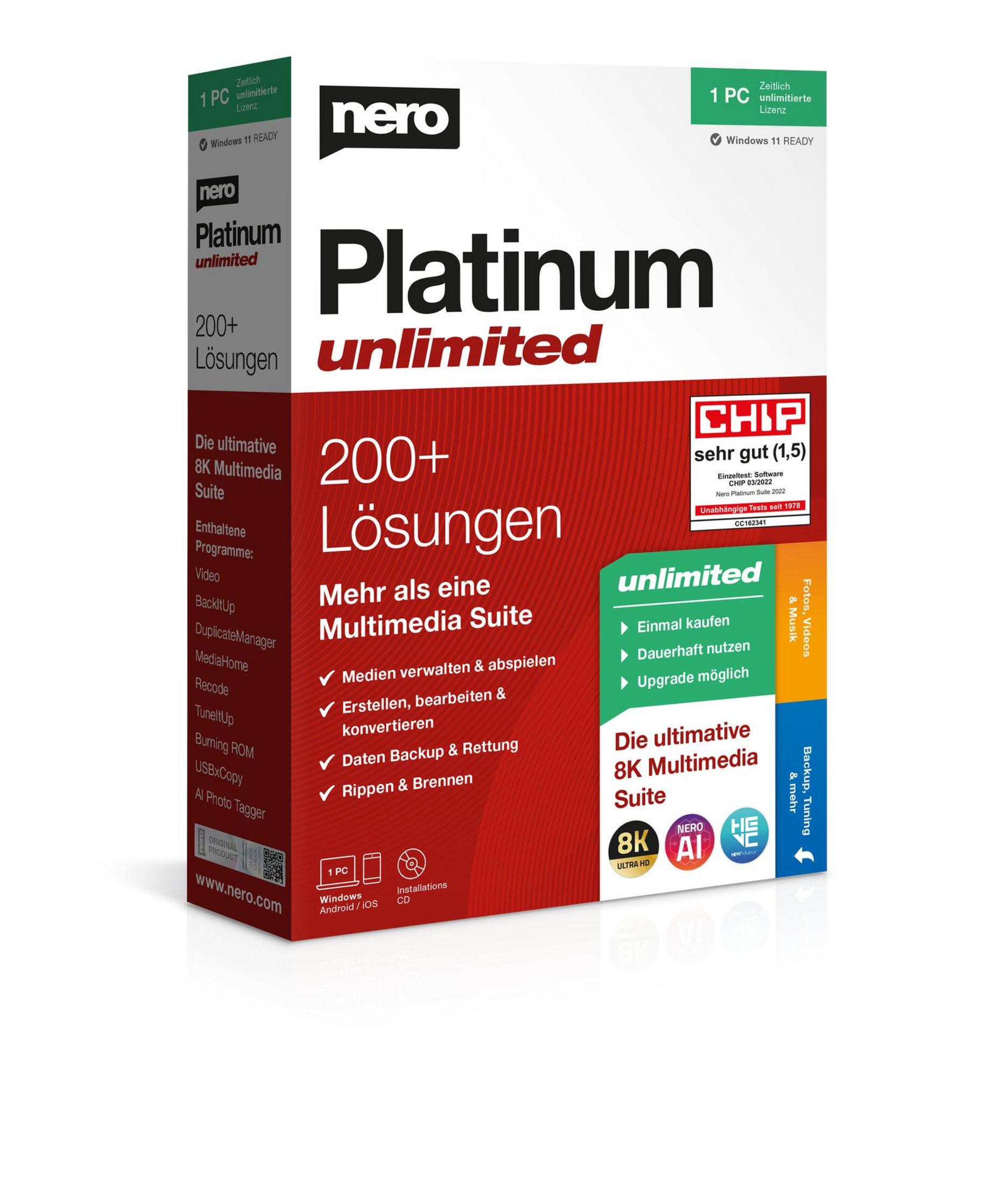 Nero Platinum Unlimited doos met softwarefuncties en een Windows 11 sticker.