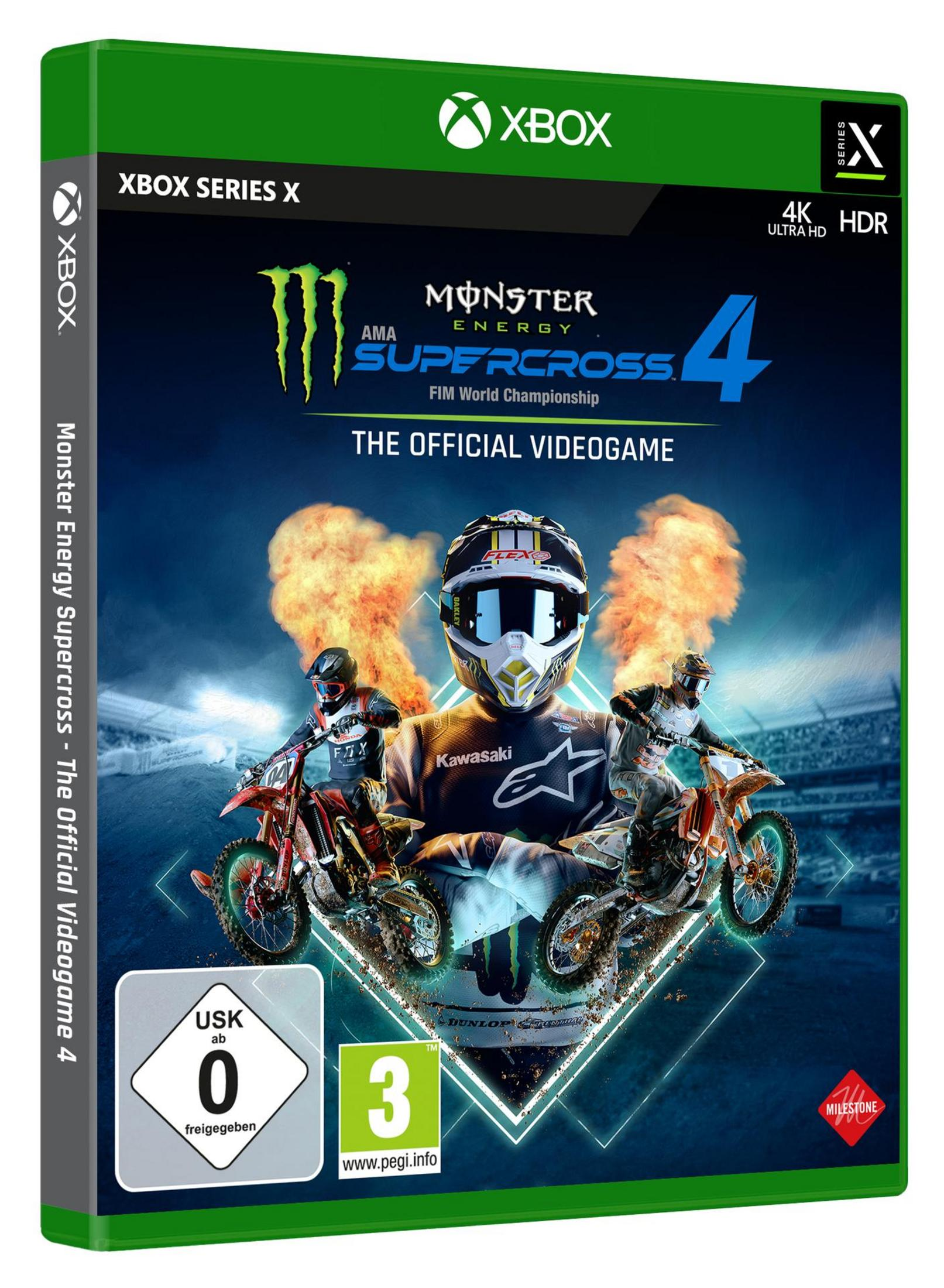 Spielcover: Monster Energy Supercross 4, Xbox Series X-Spiel. Fahrer auf Motorrädern. USK 3-Bewertung.