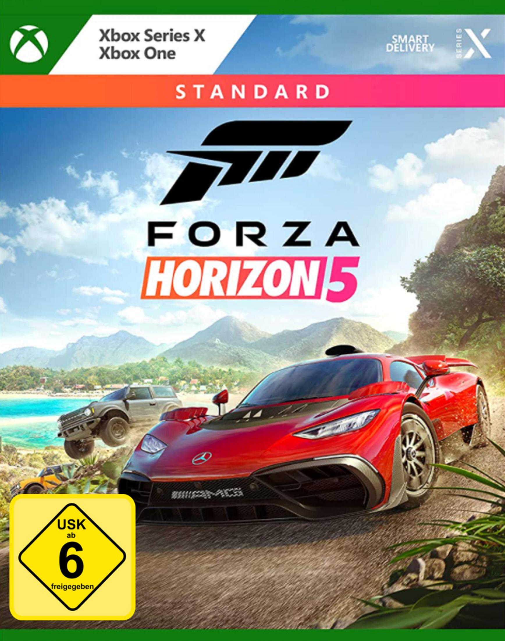 Forza Horizon 5-Spielcover. Ein rotes Auto auf einer Straße mit einem gelben Auto im Hintergrund. Xbox-Spielcover.