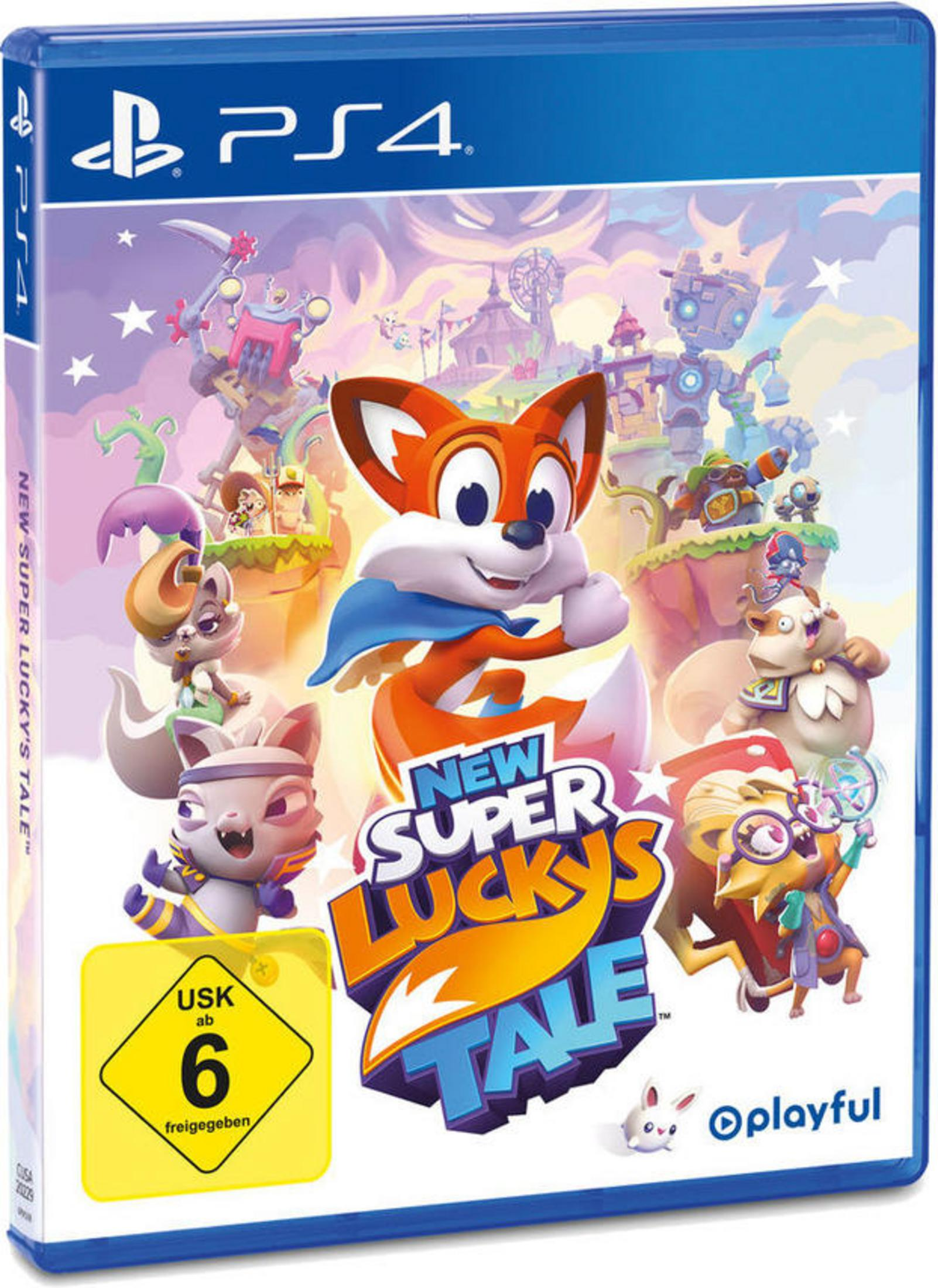 New Super Lucky's Tale PS4 Spielbox. Fuchs-Charakter im Zentrum. USK 6 Bewertung. Farbenfrohes Fantasy-Thema.