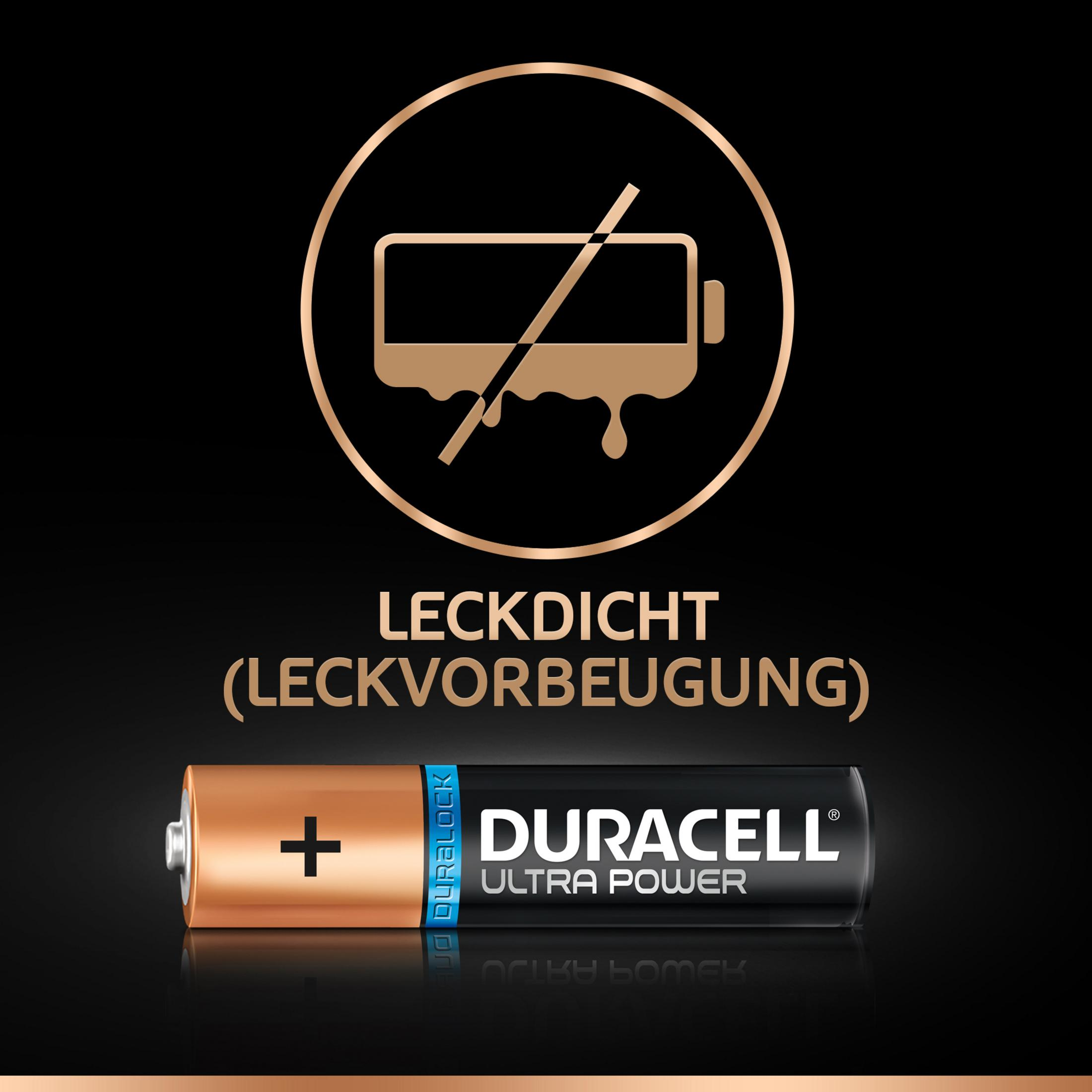 Bateria Duracell Ultra Power ze symbolem wycieku, na czarnej, odblaskowej powierzchni.