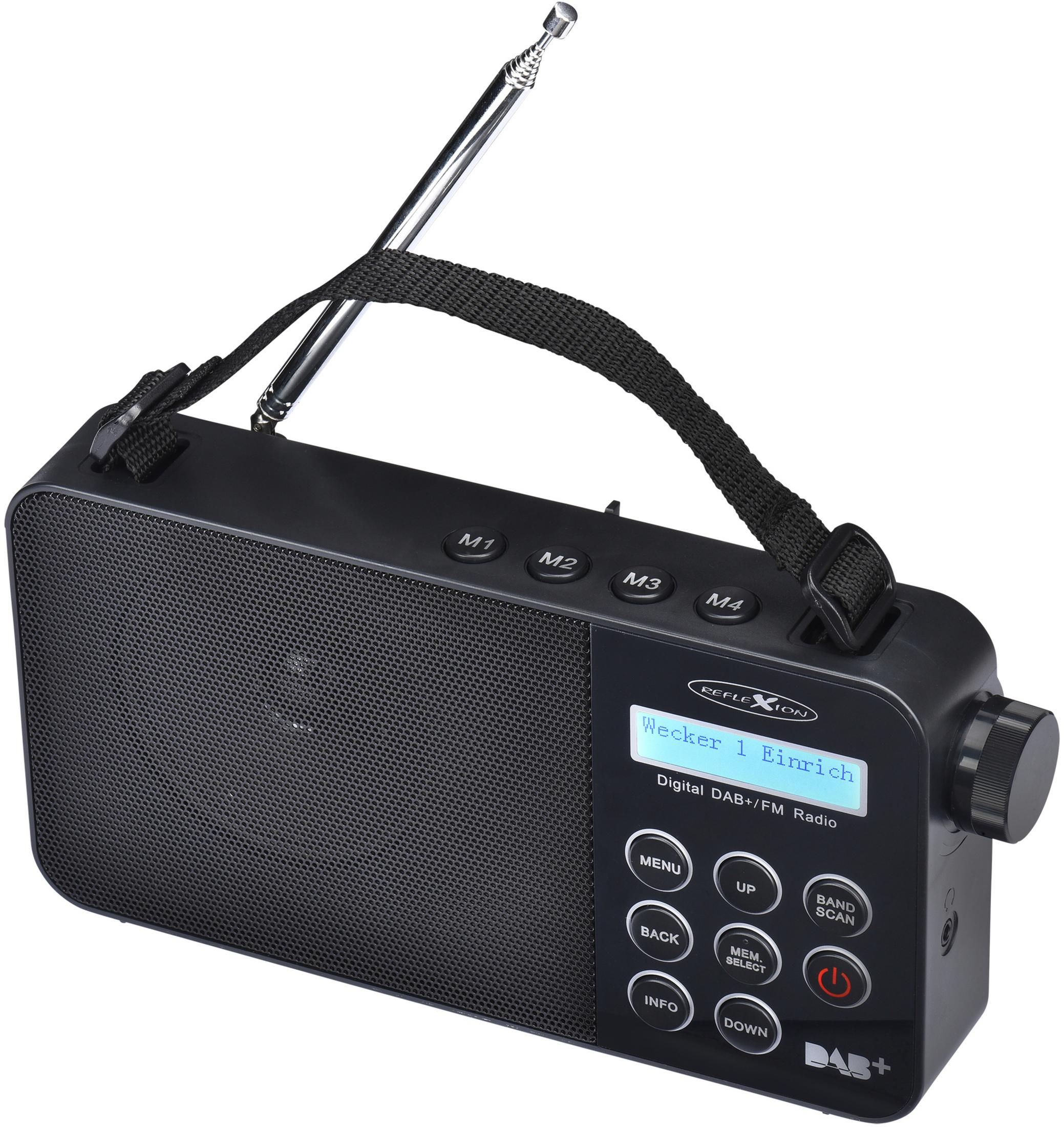 Radio Reflexion DAB+/FM nera con antenna, pulsanti e display digitale.
