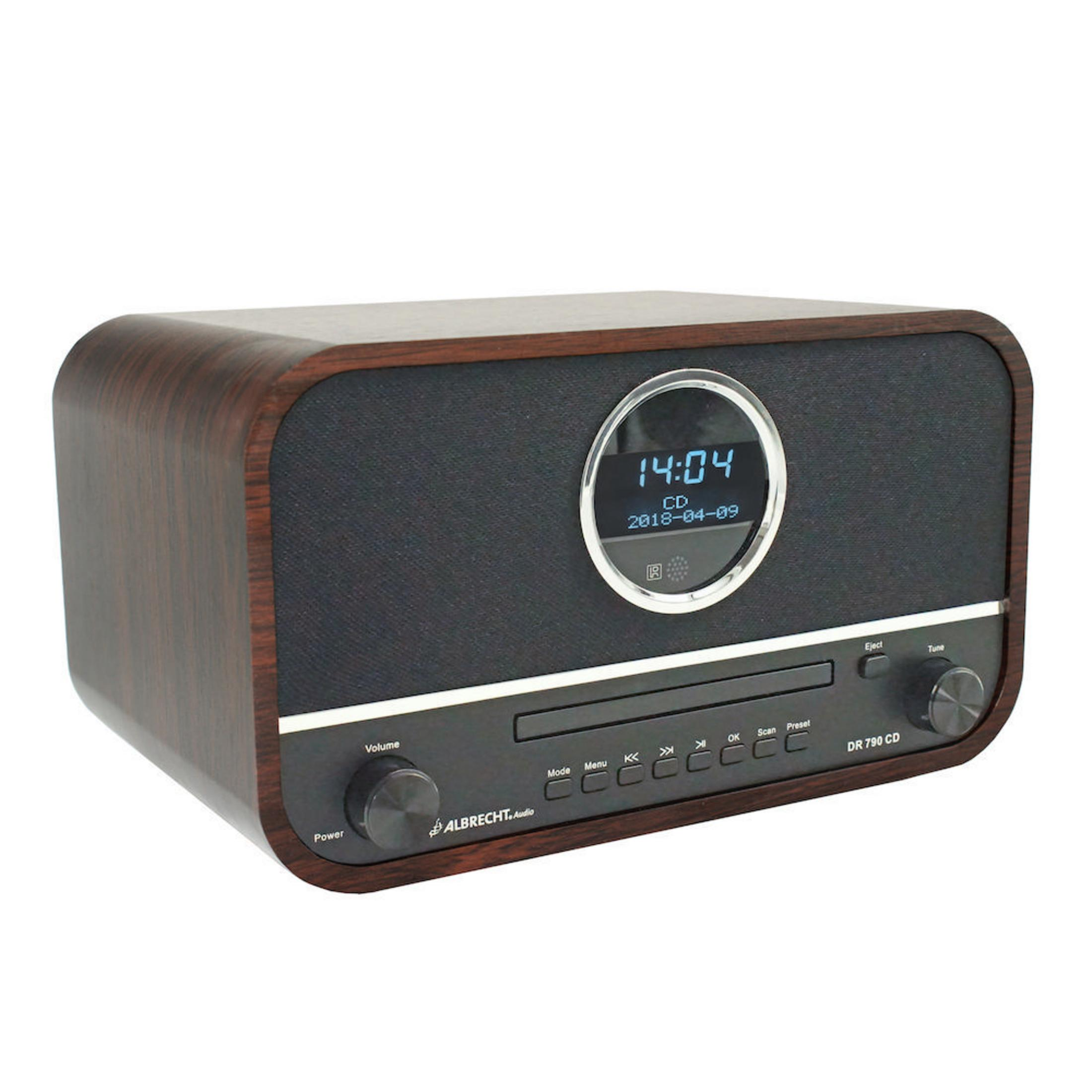 Radio Albrecht, aspetto legno, frontale nero con display, slot CD e pulsanti.