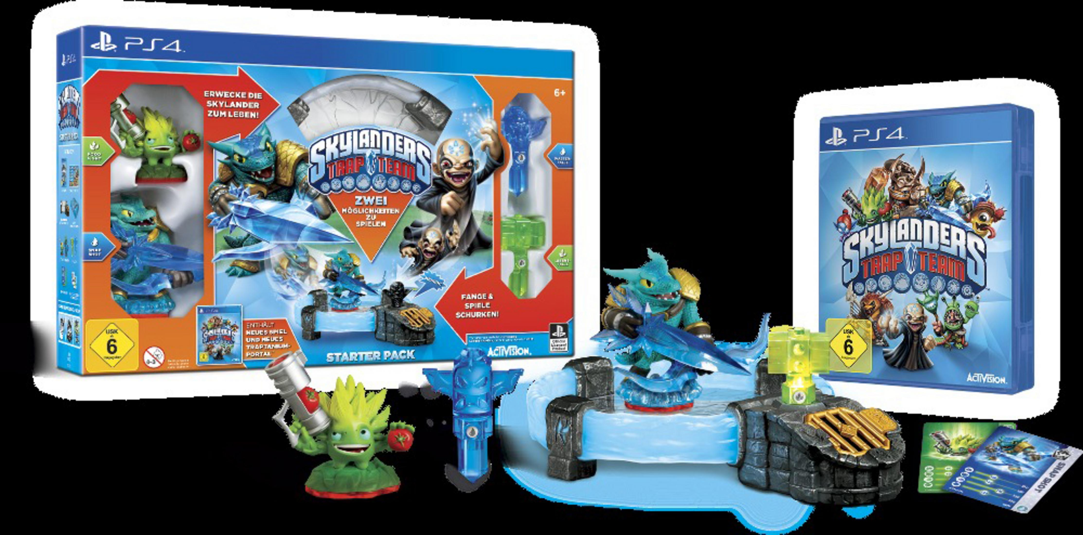 Skylanders Trap Team Starter Pack und Spielebox auf schwarzer Oberfläche, mit Spielfiguren und Zubehör.