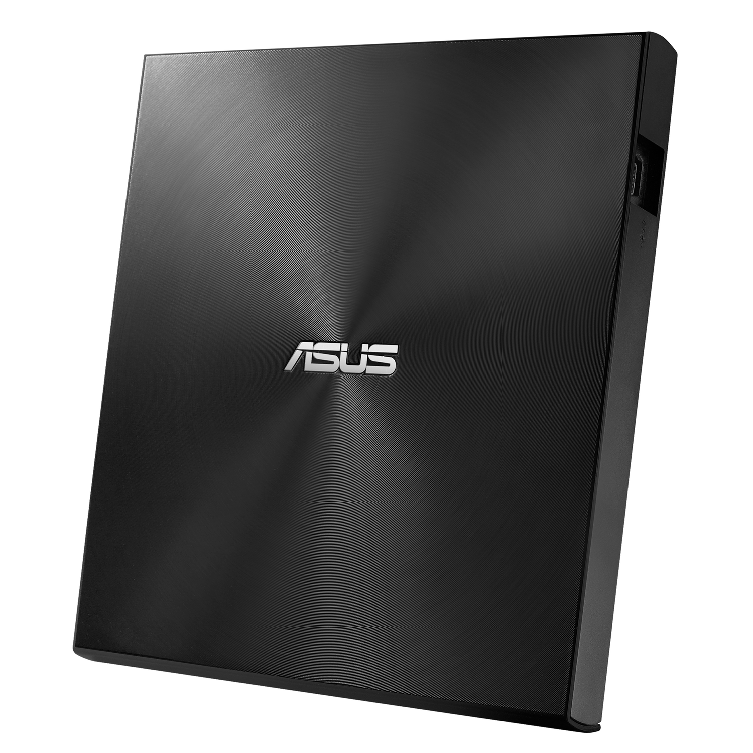 Czarny zewnętrzny napęd DVD ASUS ze szczotkowaną metalową powierzchnią. Ciemne tło.