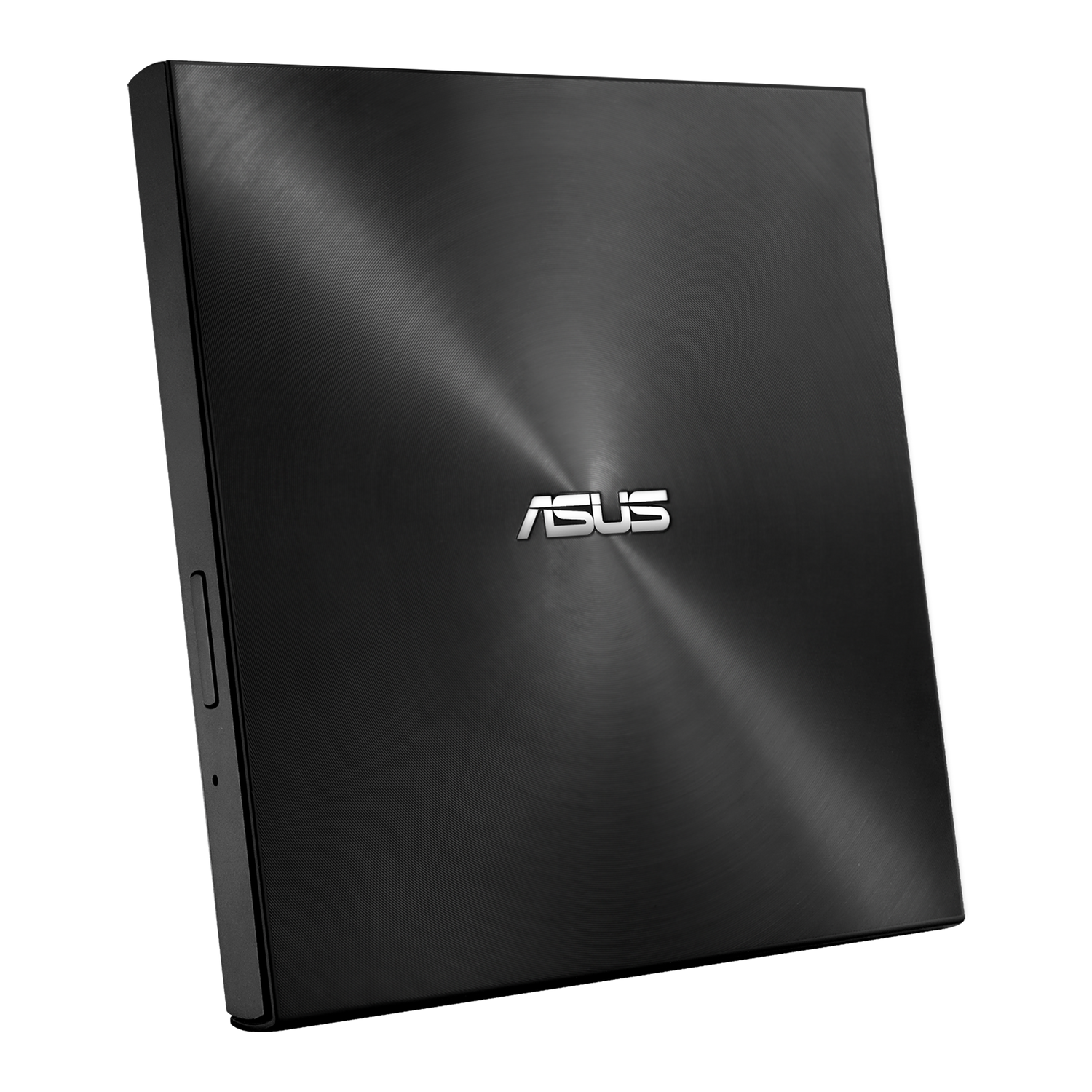 Czarny zewnętrzny napęd DVD ASUS, widok z góry. Srebrne logo ASUS na środku.