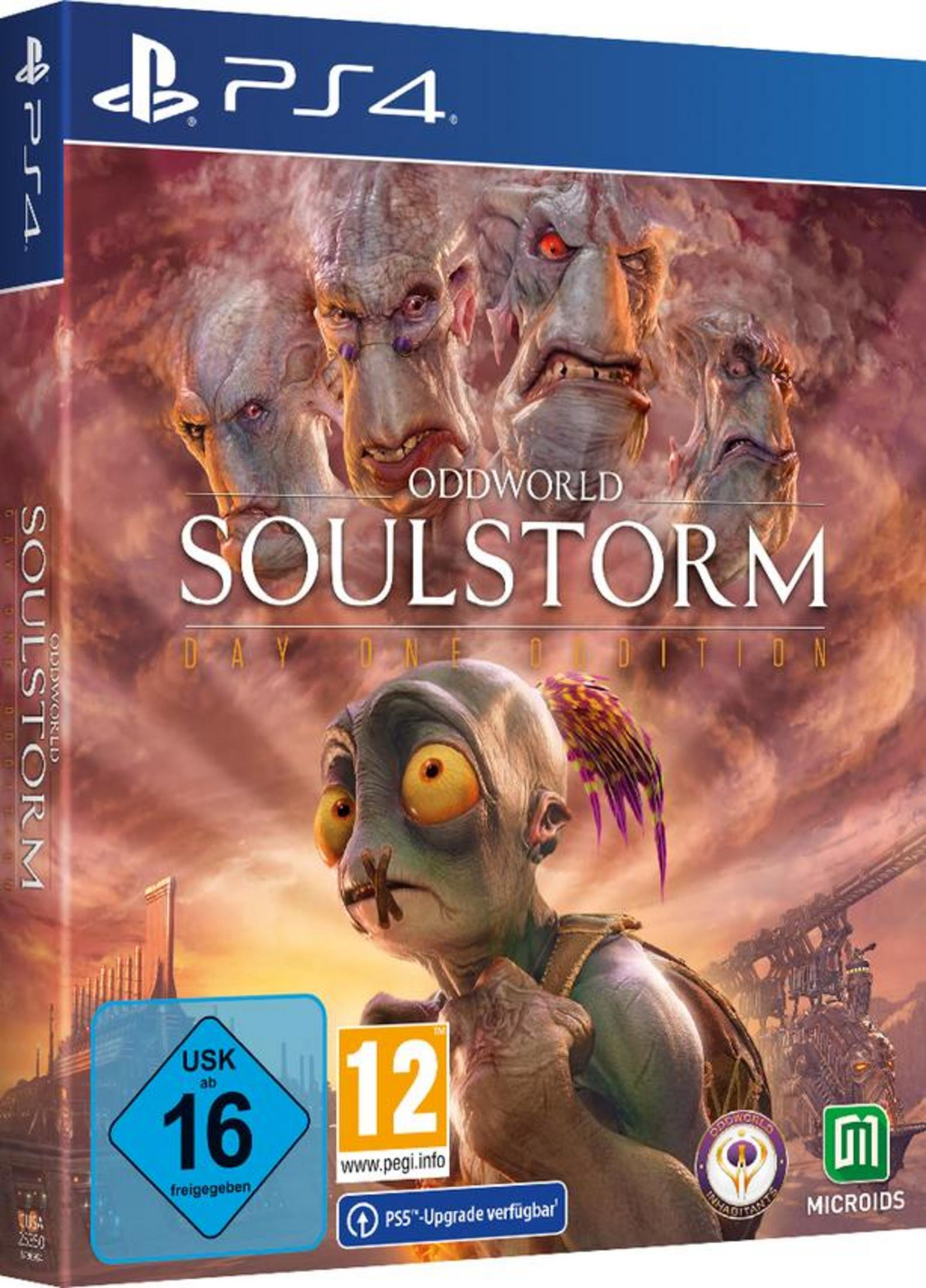 Oddworld: Soulstorm PS4-Spielhülle. Zeigt vier Alien-Gesichter und eine Kreatur. USK 16- und PEGI 12-Logos.