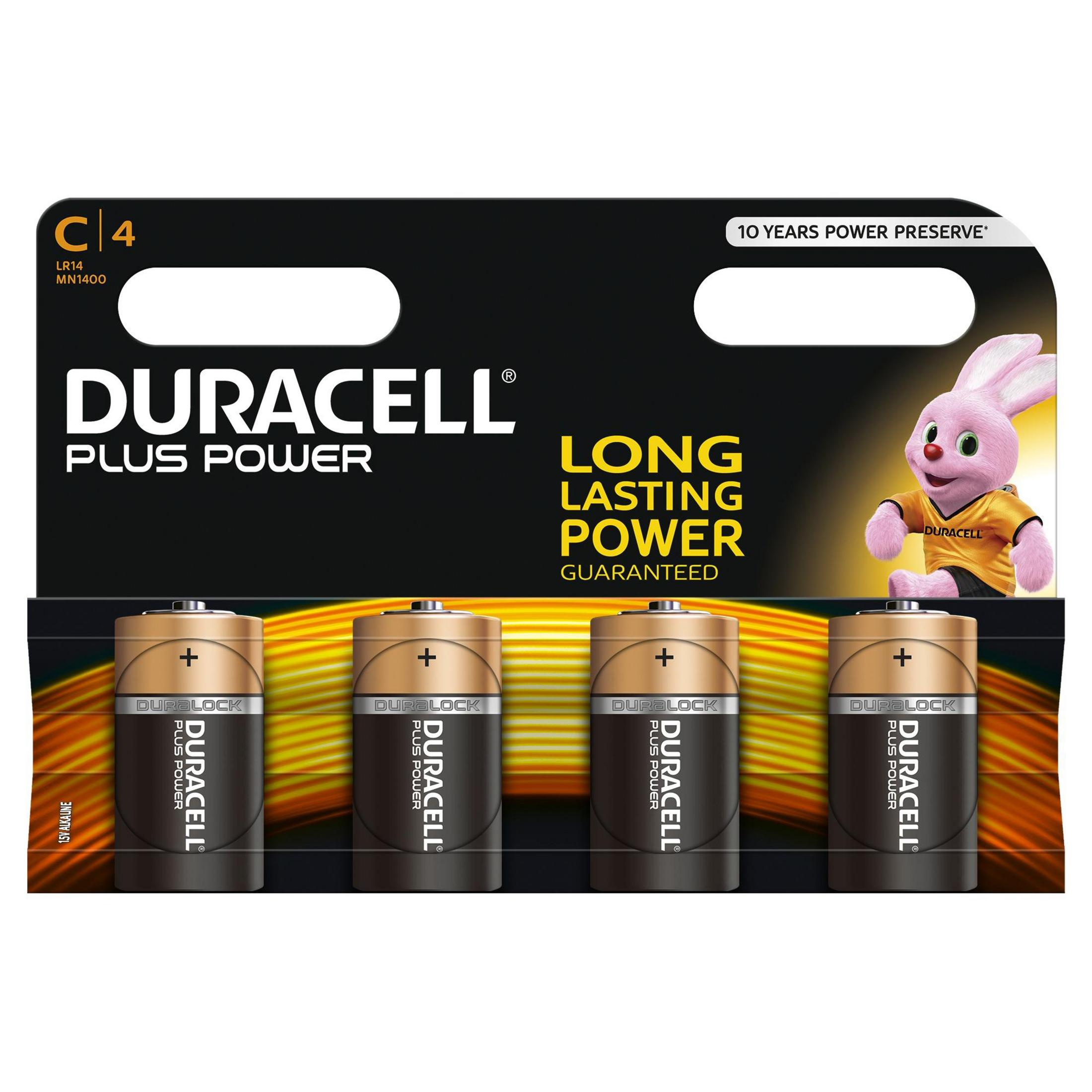 Zestaw baterii Duracell z czterema bateriami, różowym królikiem i napisem 'Duracell Plus Power'.