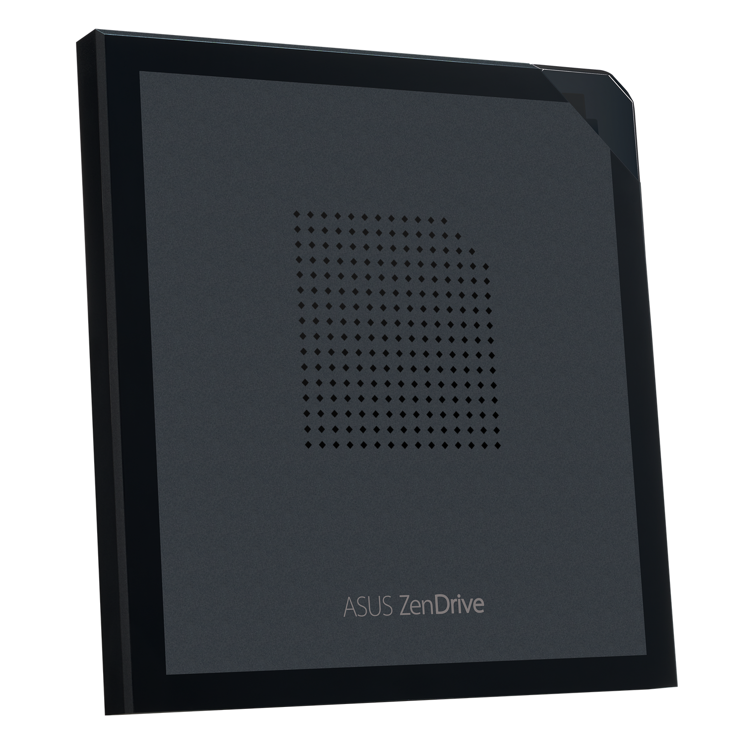 Czarny ASUS ZenDrive, kwadratowy kształt, teksturowana powierzchnia, czarna ramka, na czarnym tle.