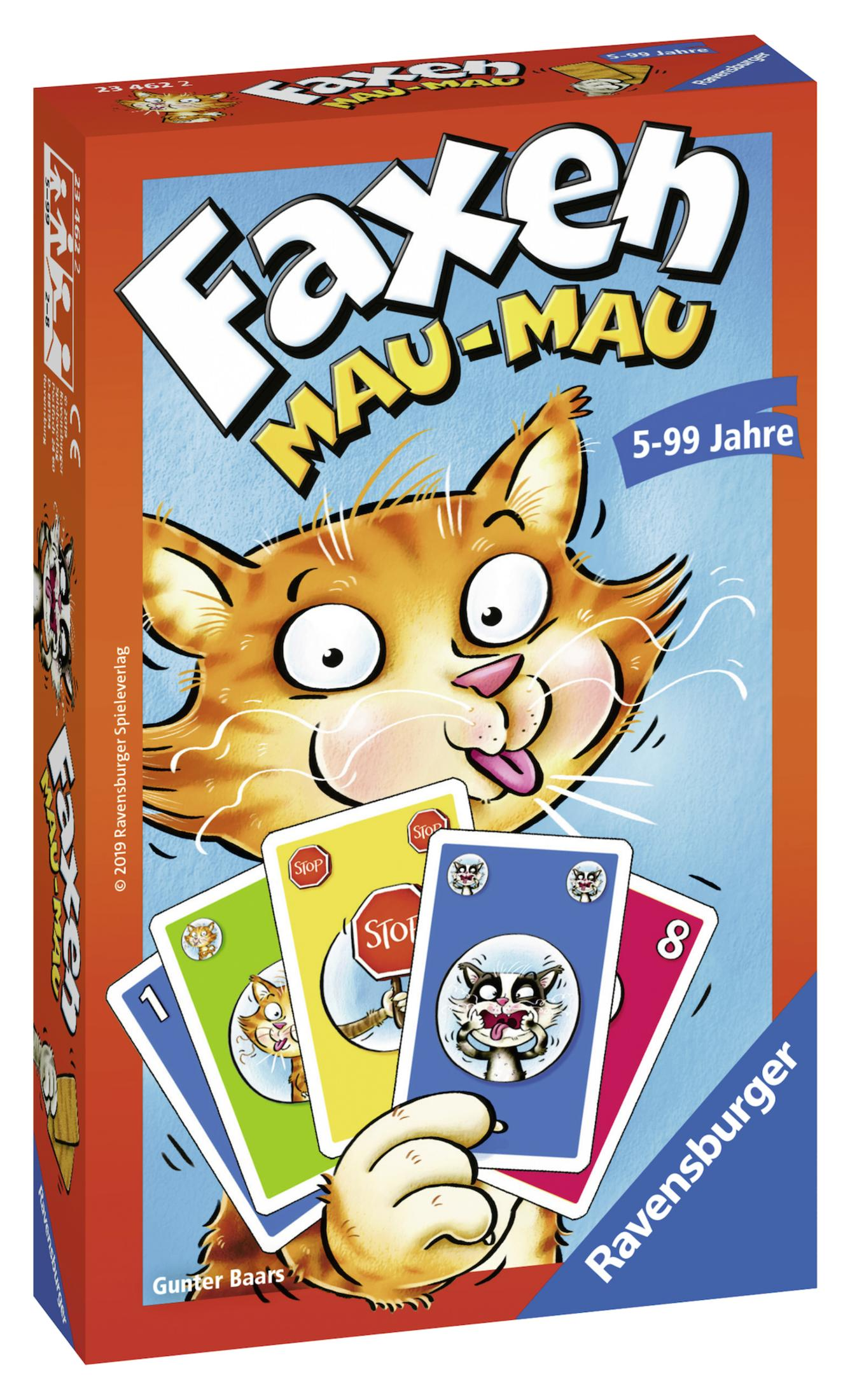 Spielbox von Faxen Mau-Mau. Eine orange Katze mit Karten. Karten zeigen Katzen-Gesichter.