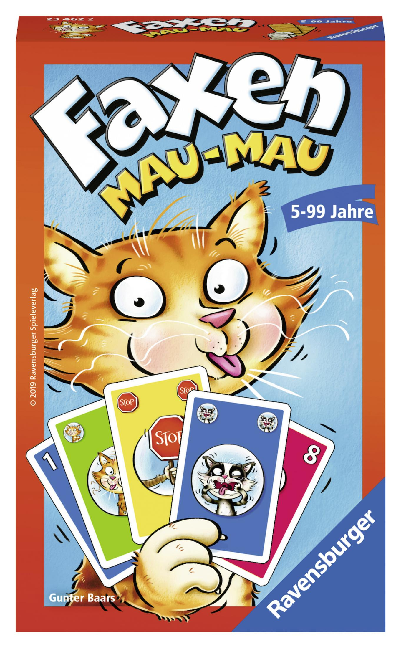 Schachtelkunst für ein Kartenspiel, das eine Katze mit Karten zeigt. Das Spiel heißt Faxen Mau-Mau.