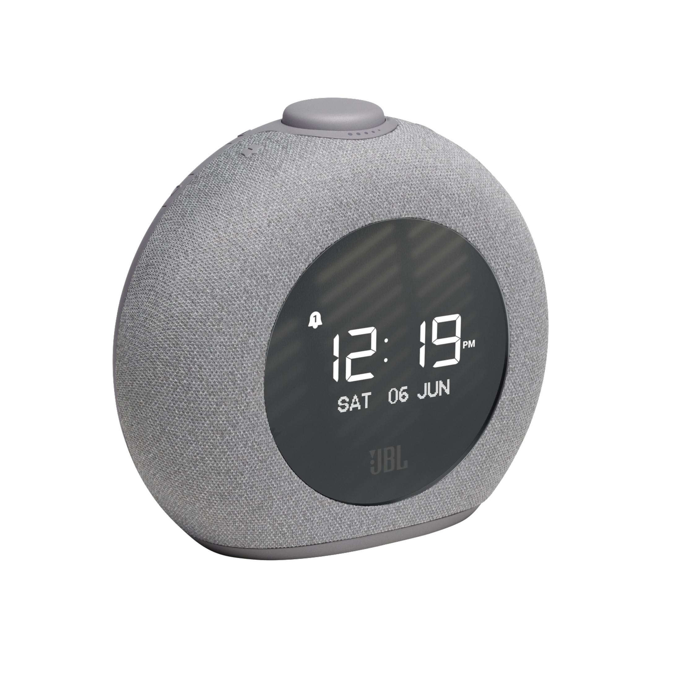 Sveglia JBL grigia con display digitale che mostra ora e data.