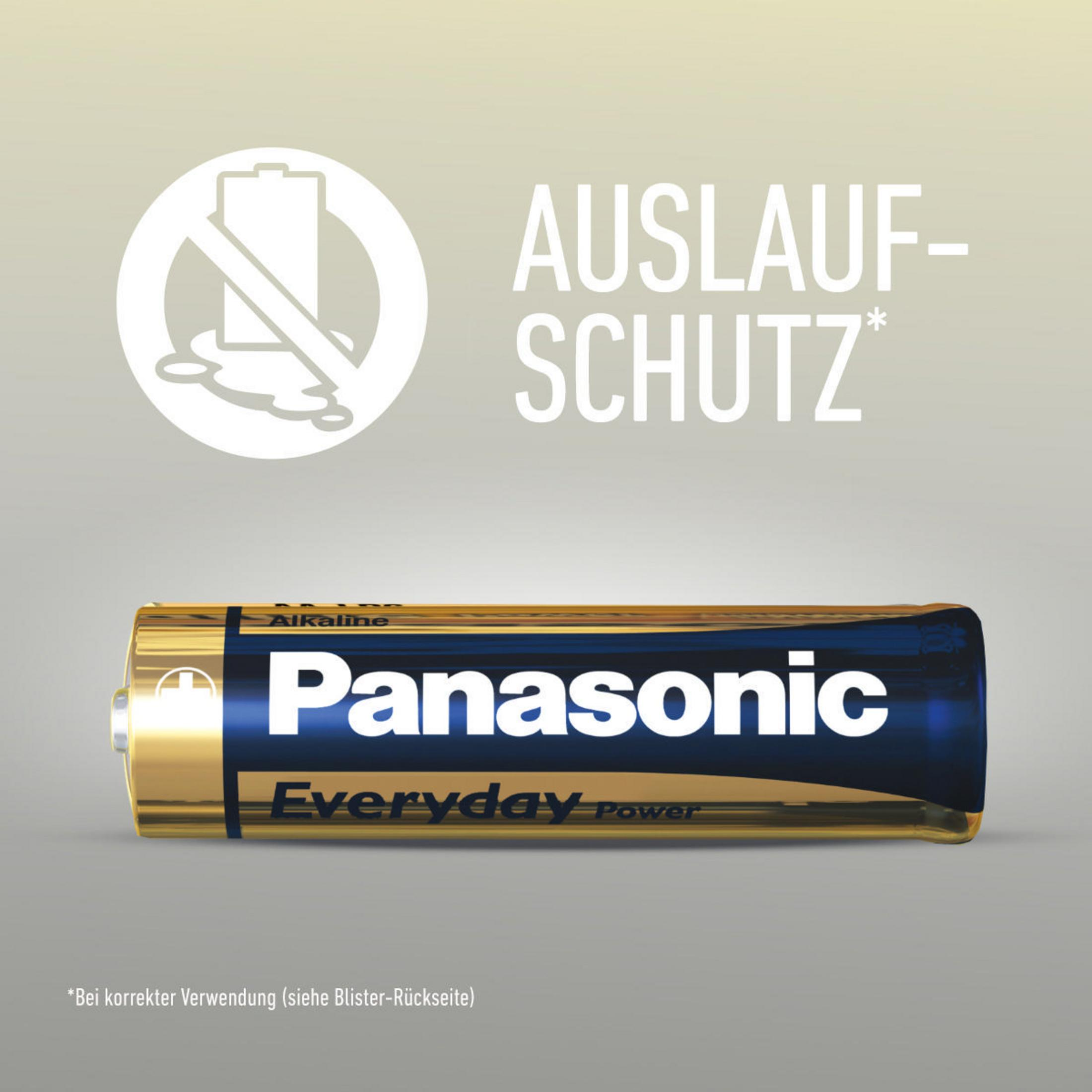 Una pila AA Panasonic. La pila es dorada y azul con texto blanco y un logotipo de protección contra fugas.