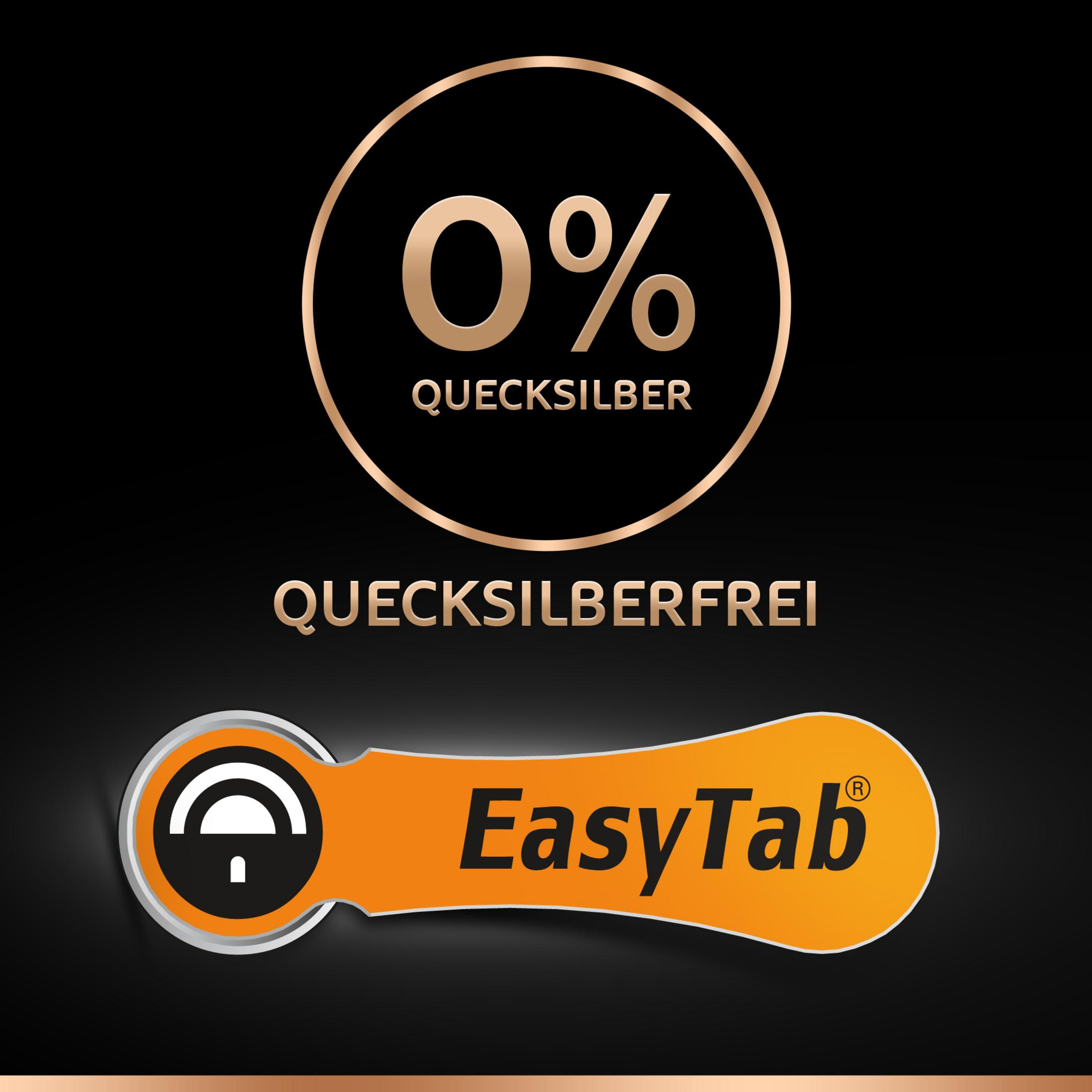 Czarny i pomarańczowy znak z tekstem: '0% Quecksilber' i logo 'EasyTab'.