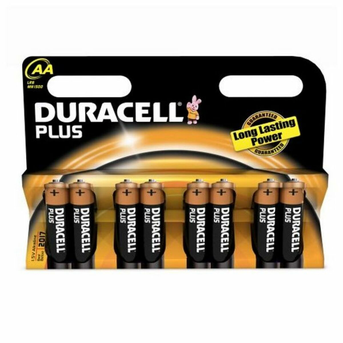 Confezione di batterie Duracell Plus AA con marchio e dettagli del prodotto.