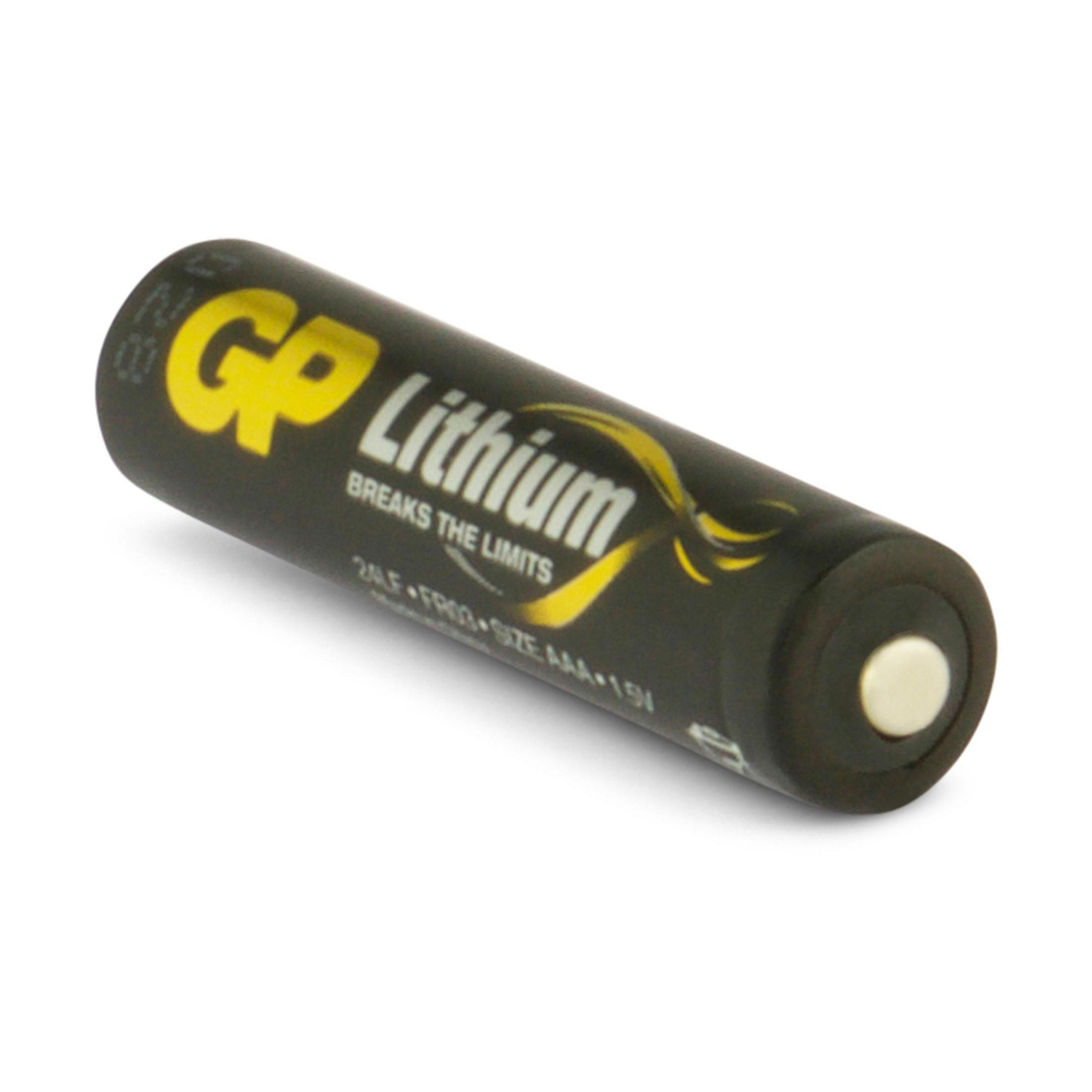 Schwarze GP Lithium AAA-Batterie mit gelbem und weißem Text.