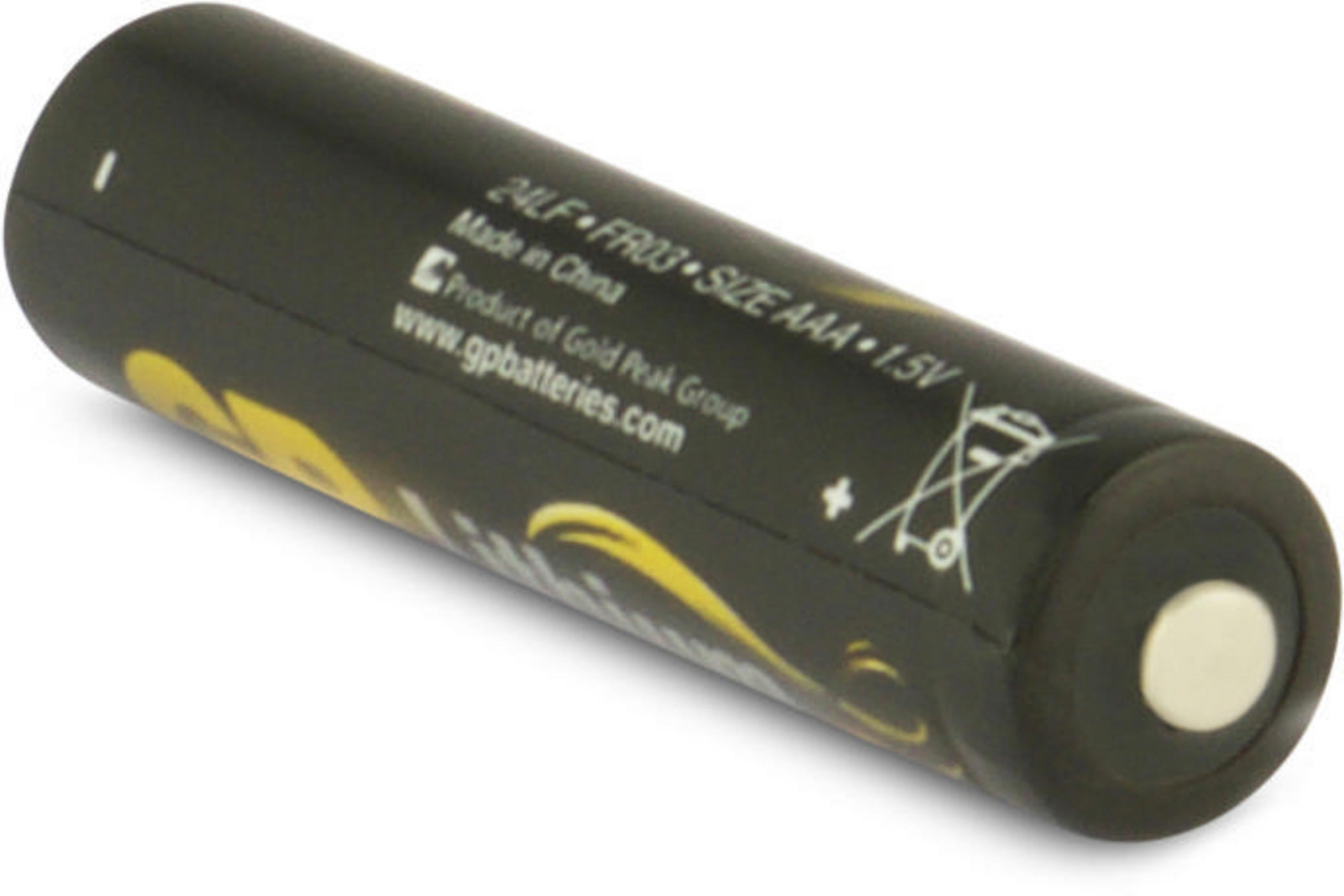 Eine schwarze AAA-Batterie mit weißem Text. Die Batterie ist zylindrisch und liegt schräg rechts auf einer Oberfläche.