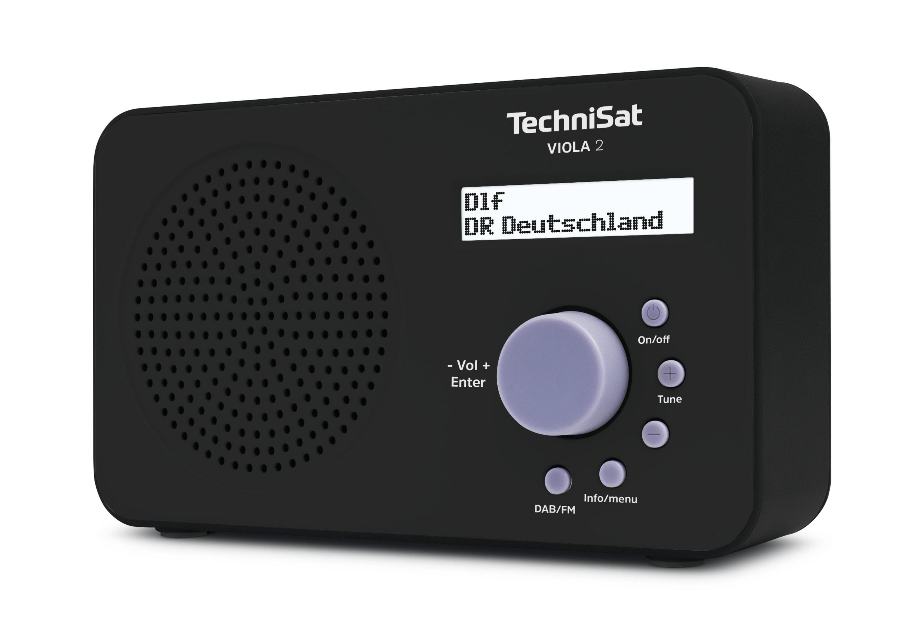Czarny radio TechniSat Viola 2 z wyświetlaczem pokazującym 'DR Deutschland'.
