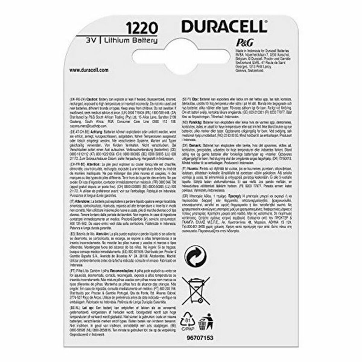 3 Stück DL Volt Batterie, 1220 CR1220 668885 DURACELL Lithium, B1 1