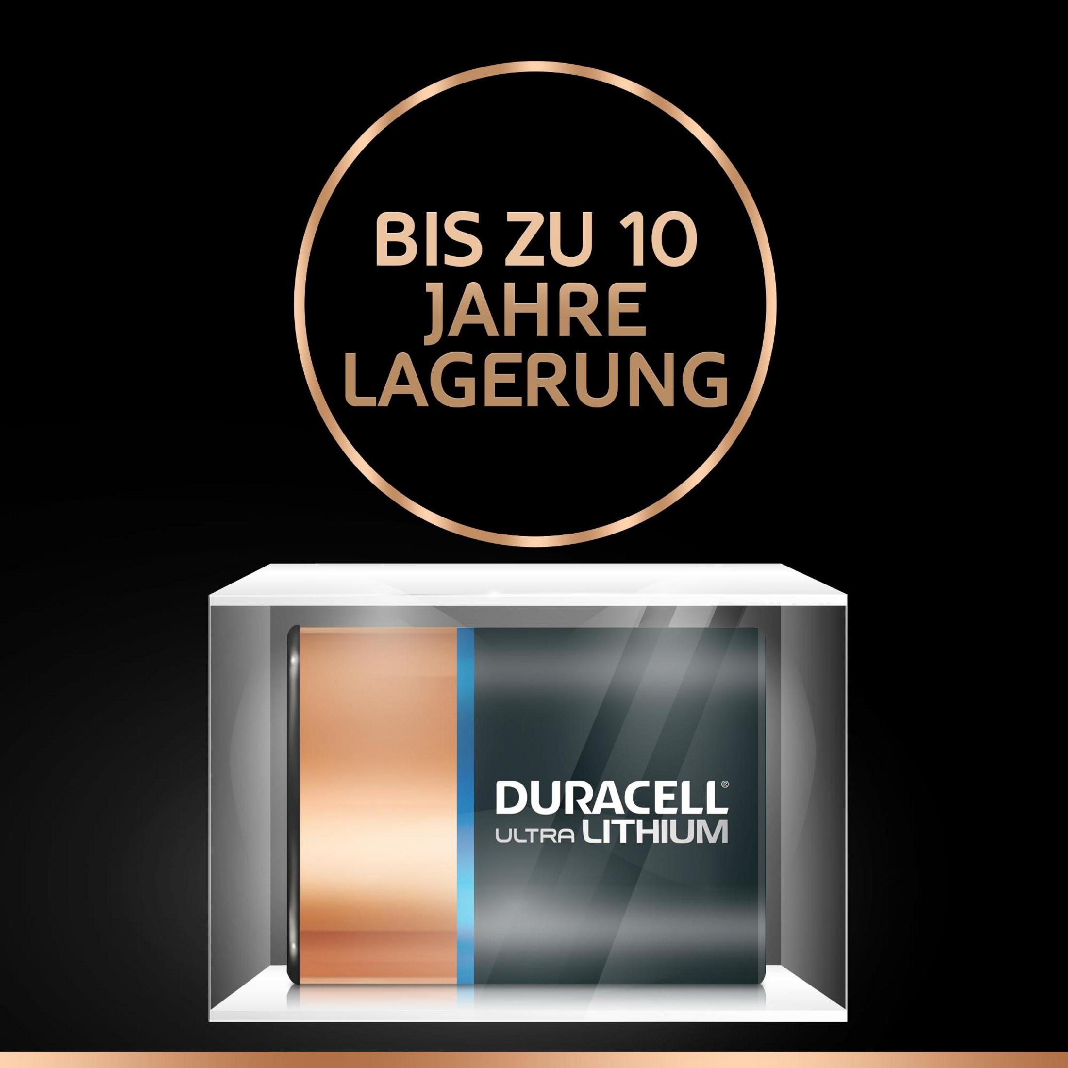 Une pile Duracell Ultra Lithium dans un étui transparent. Le texte dit 'Jusqu'à 10 ans de stockage'.