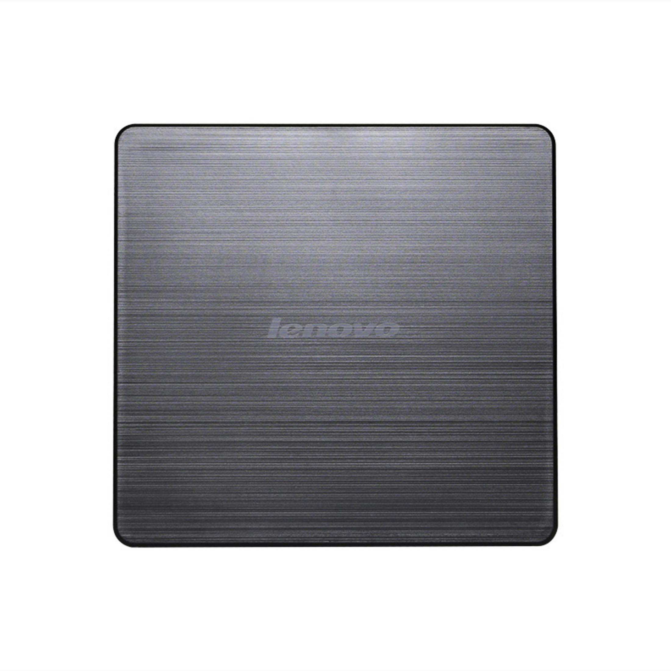 Ein dunkelgraues Lenovo-Tablet, quadratisch, mit gebürsteter Metalloberfläche und Lenovo-Logo.