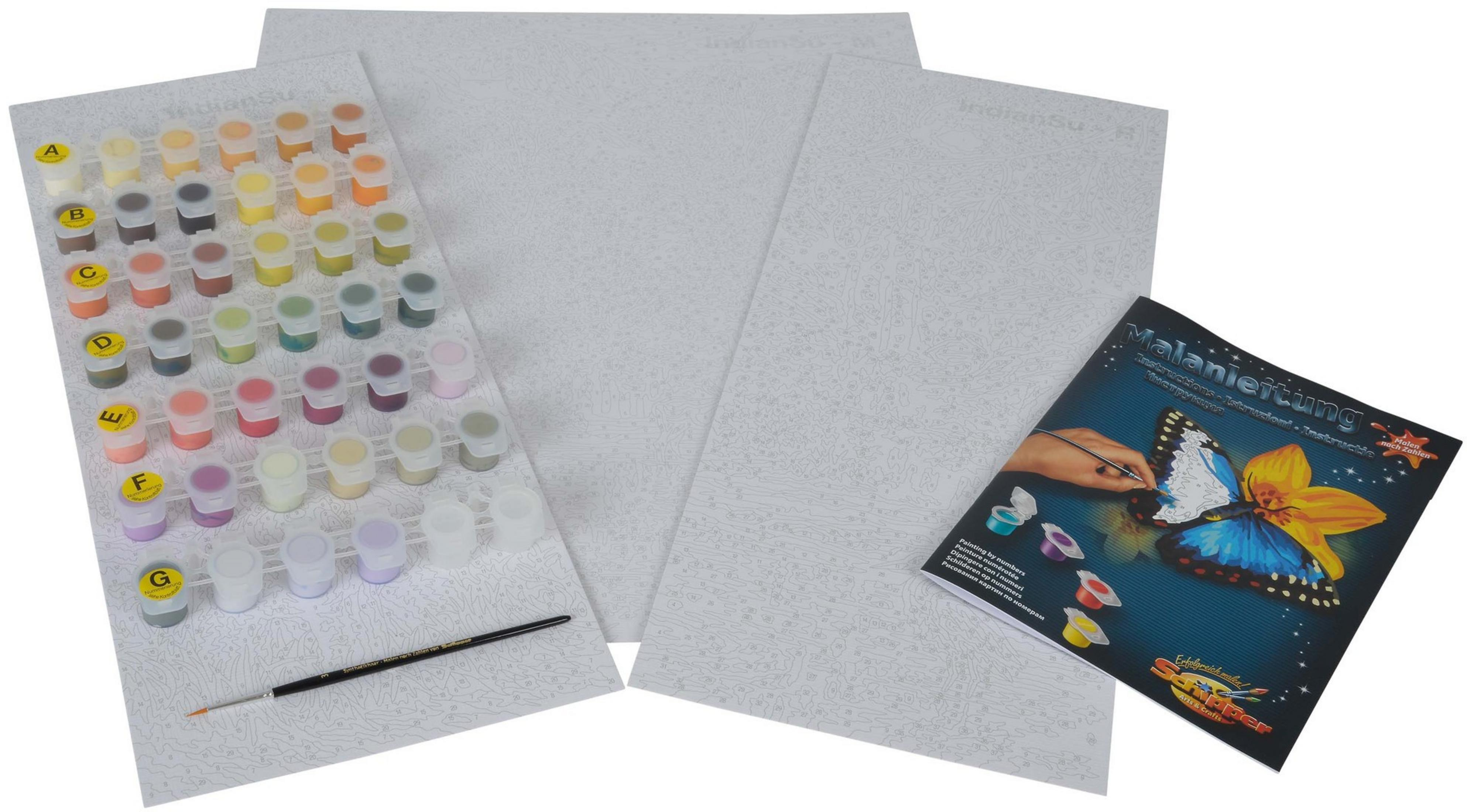 Kit di pittura per numeri con colori, pennelli e tele parzialmente dipinte.