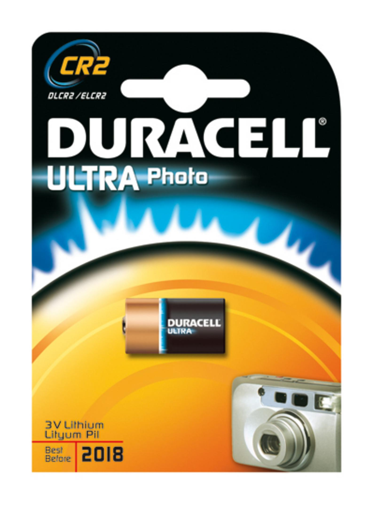 Zestaw baterii Duracell Ultra Photo. Pokazuje baterię i grafikę aparatu z tekstem.