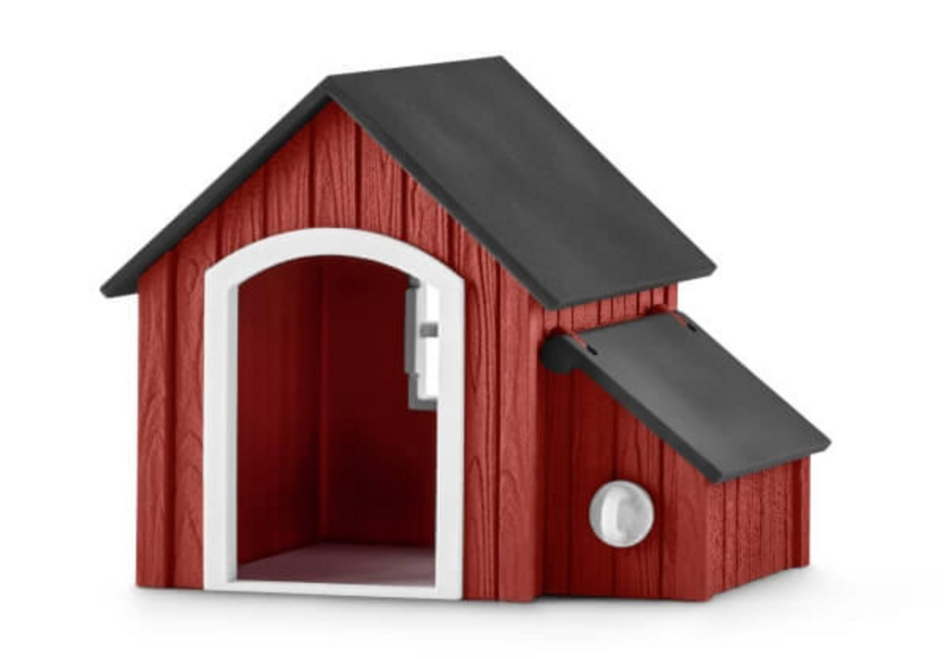Une structure rouge et noire en forme de nichoir. Elle a une porte ouverte et un toit.
