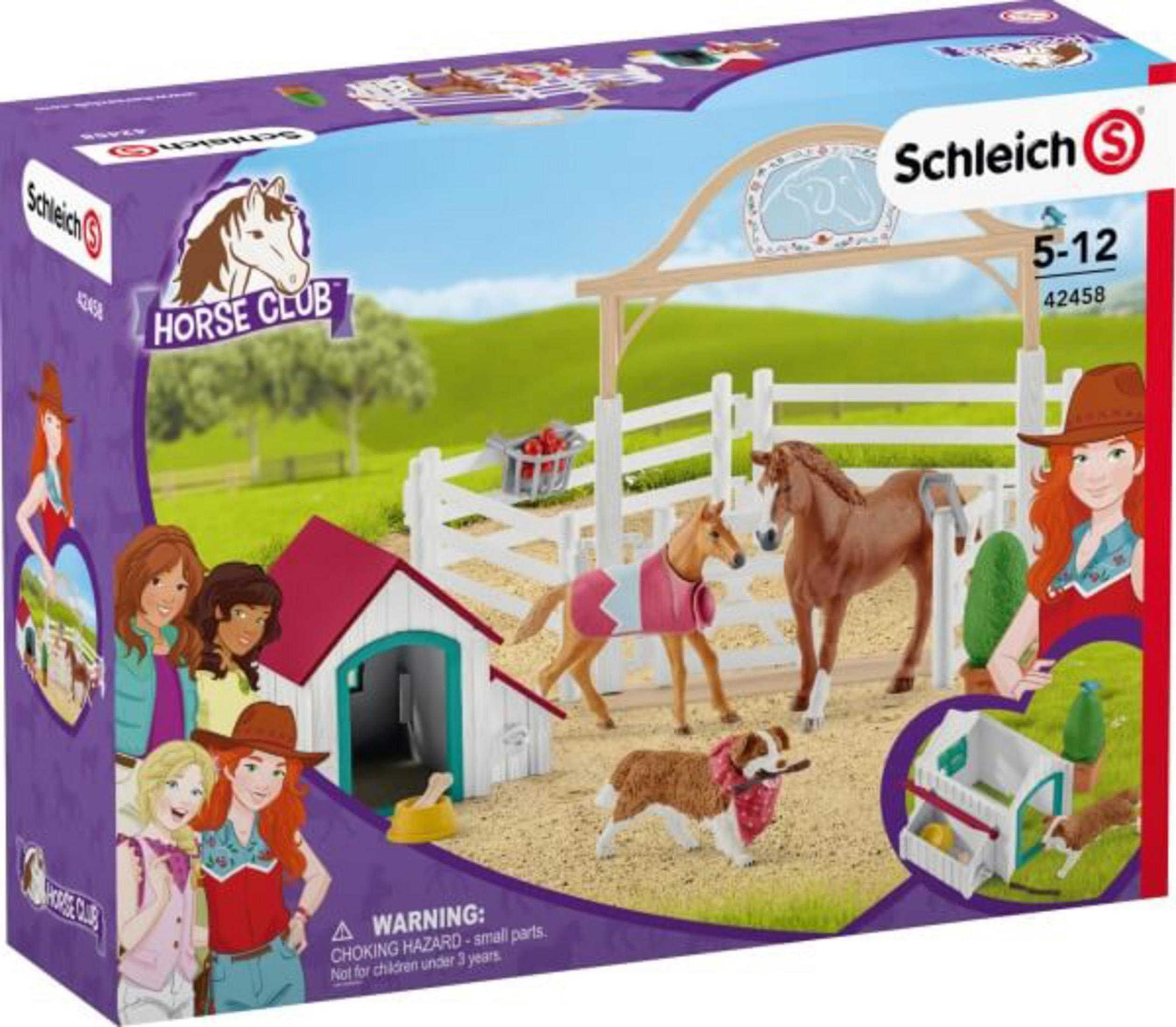 Schleich Horse Club Spielzeugset-Box.  Zeigt Pferde, Mädchen und einen Stall in einer Bauernhofszene.