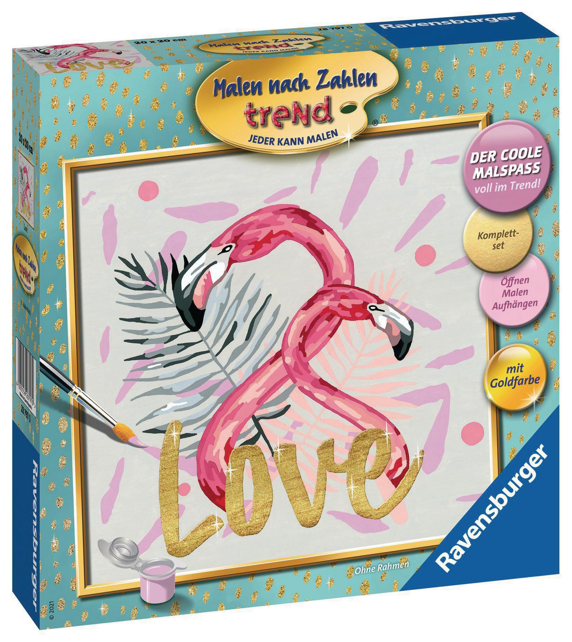 Karton mit Malset. Rosa Flamingos mit goldenem 'love' Schriftzug auf Leinwand.