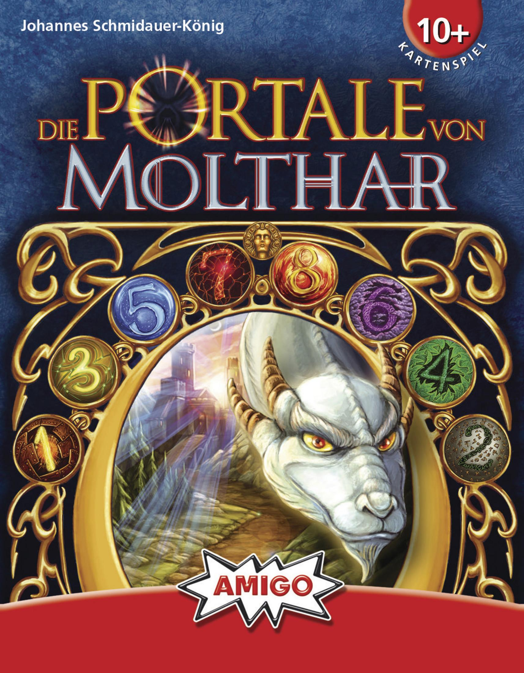 Brettspielbox für Die Portale von Molthar. Ein Drache ist auf dem Cover mit verschiedenen nummerierten Kreisen.