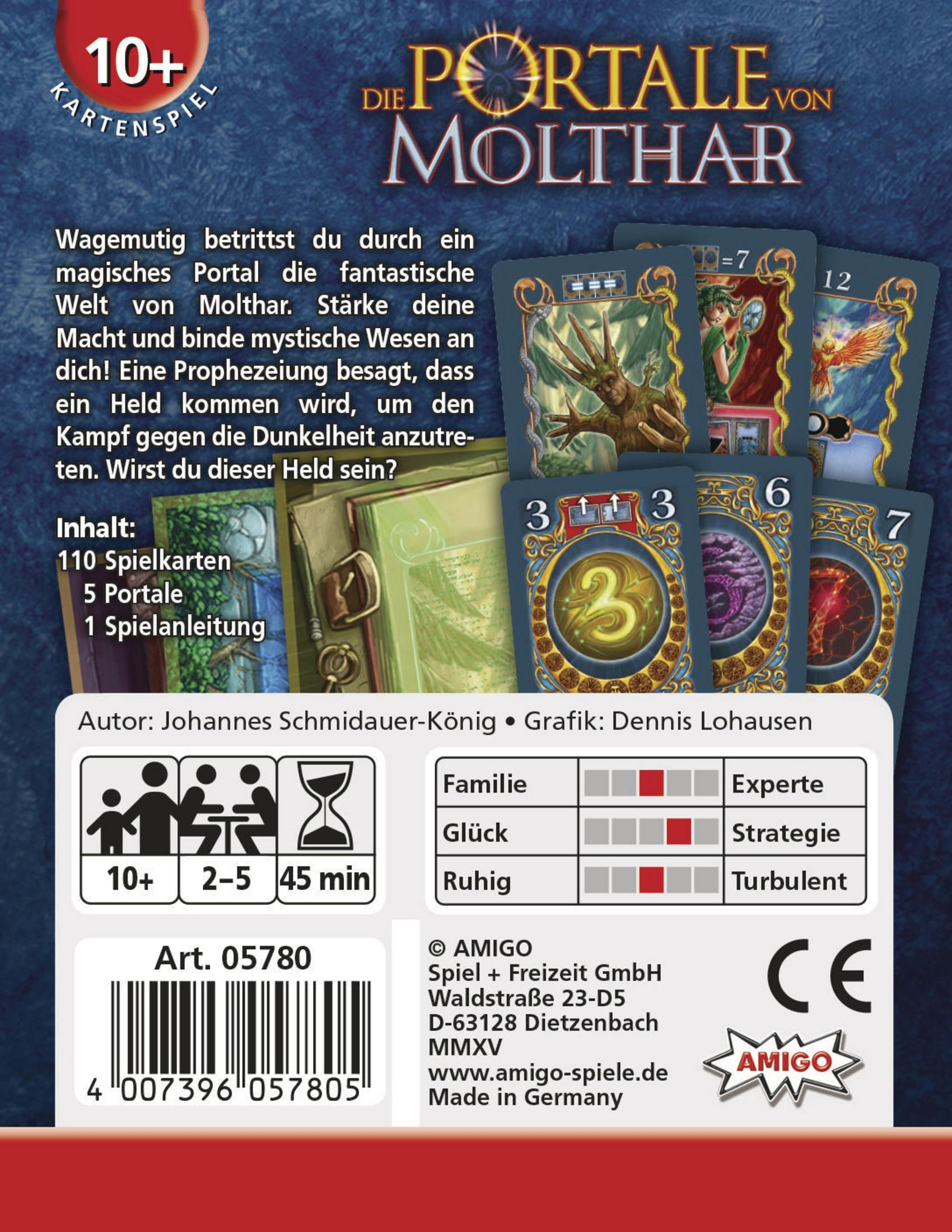 Kartenspielbox mit Fantasy-Kunst von Fabelwesen und Text über ein Portal.