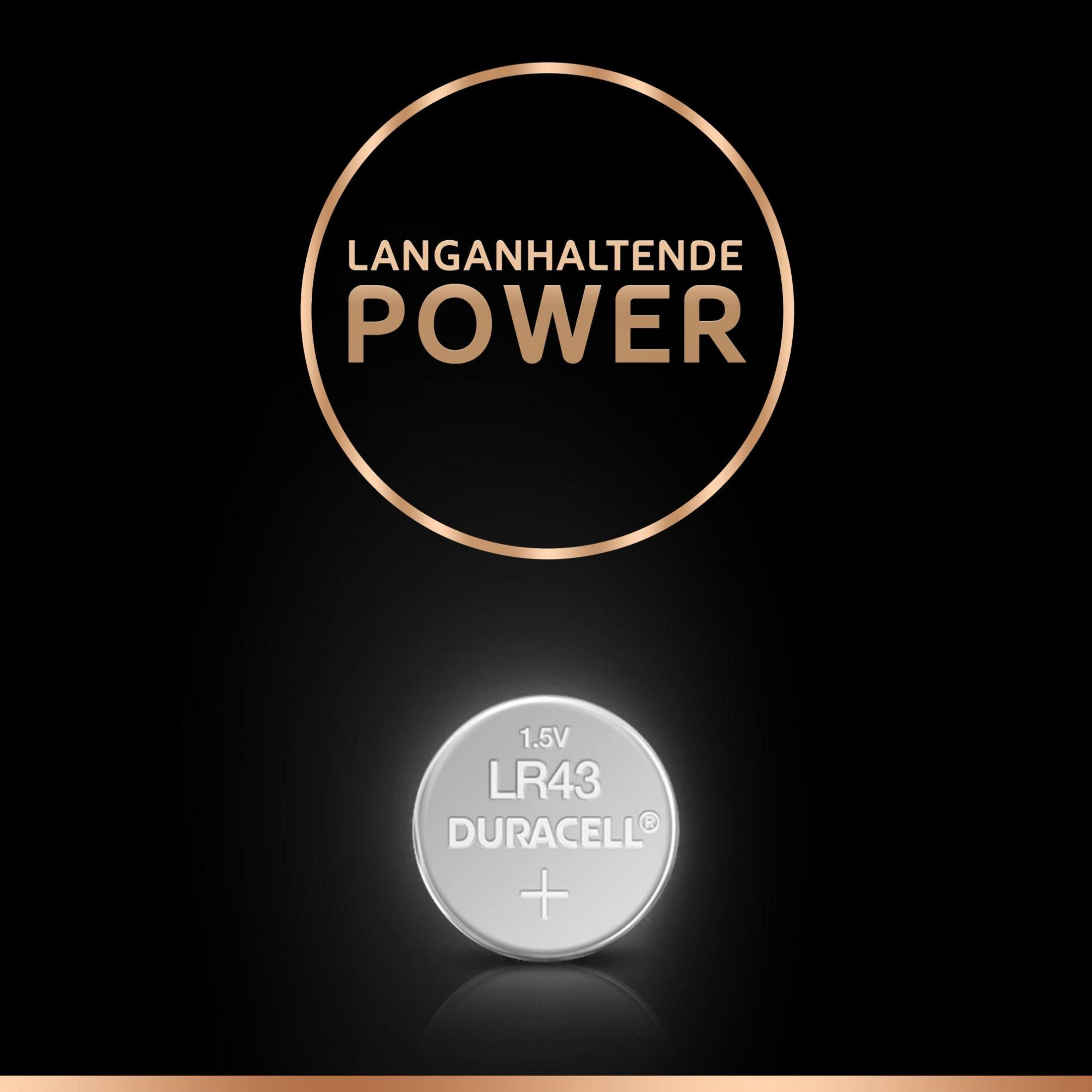 Bateria Duracell 1.5V LR43 ze srebrnym korpusem, na czarnym tle.