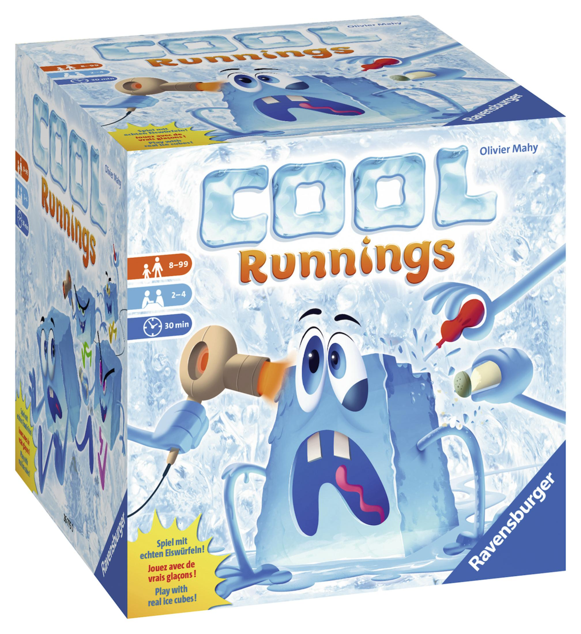 Pudełko gry planszowej Cool Runnings. Kreskówkowa kostka lodu na okładce, z innymi postaciami z kreskówek.