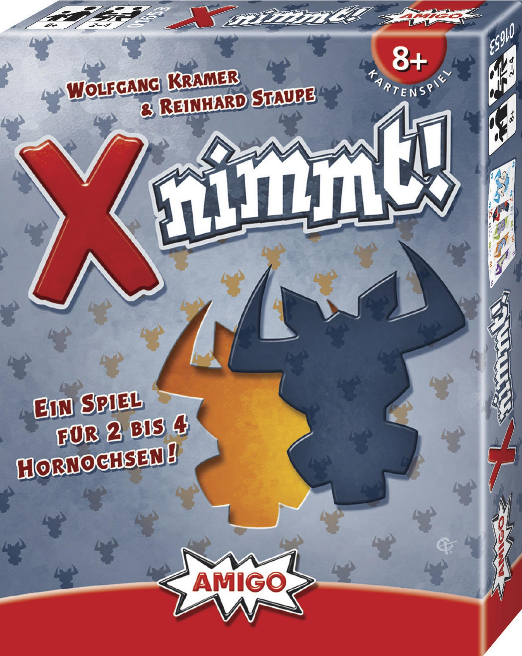 X nimmt! Spielbox mit rotem X und abstrakten Formen. Die Box hat einen weißen Rand und roten Boden.