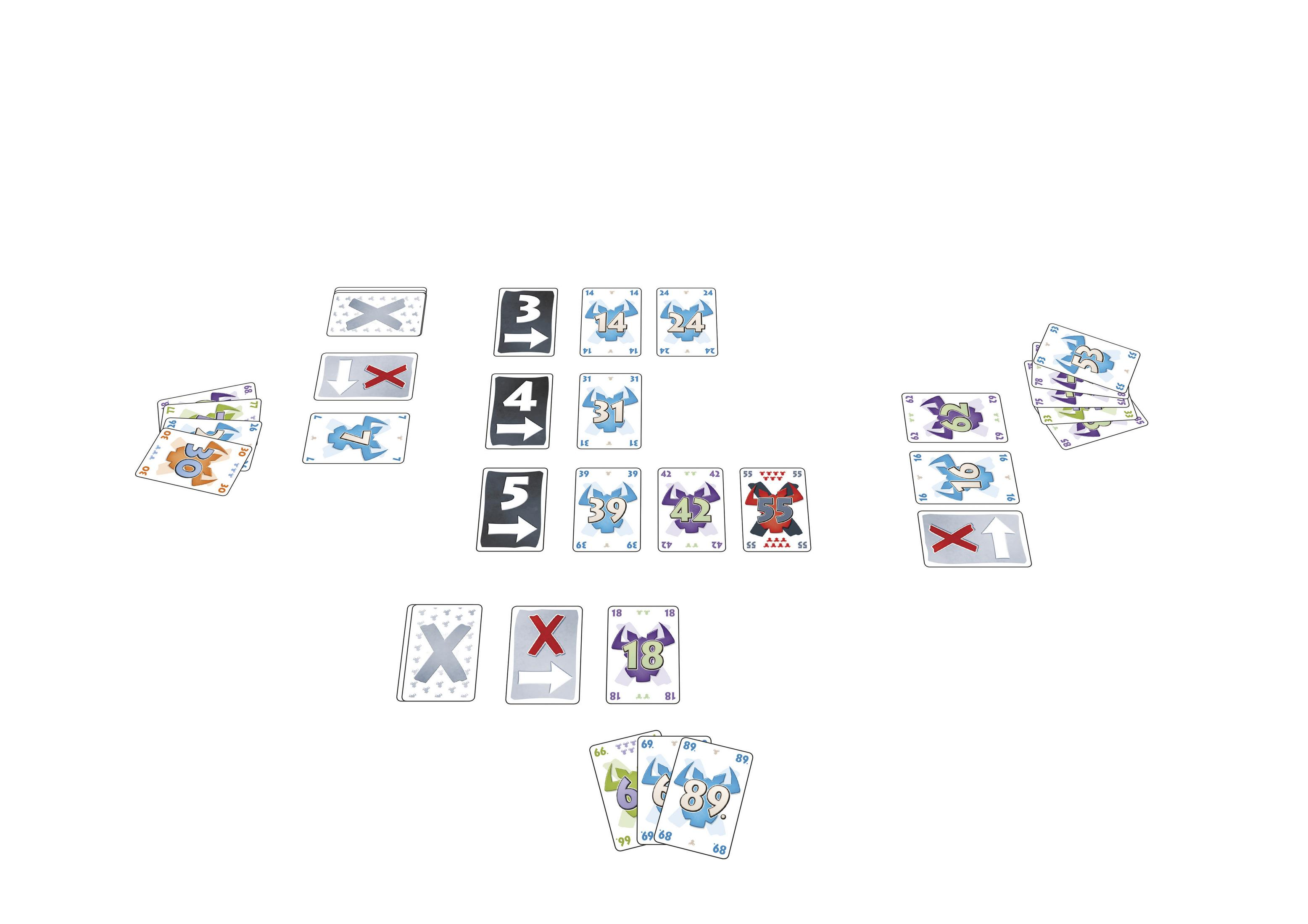 Ein Kartenspiel mit Karten auf weißer Oberfläche. Karten mit Zahlen und Pfeilen sind sichtbar.