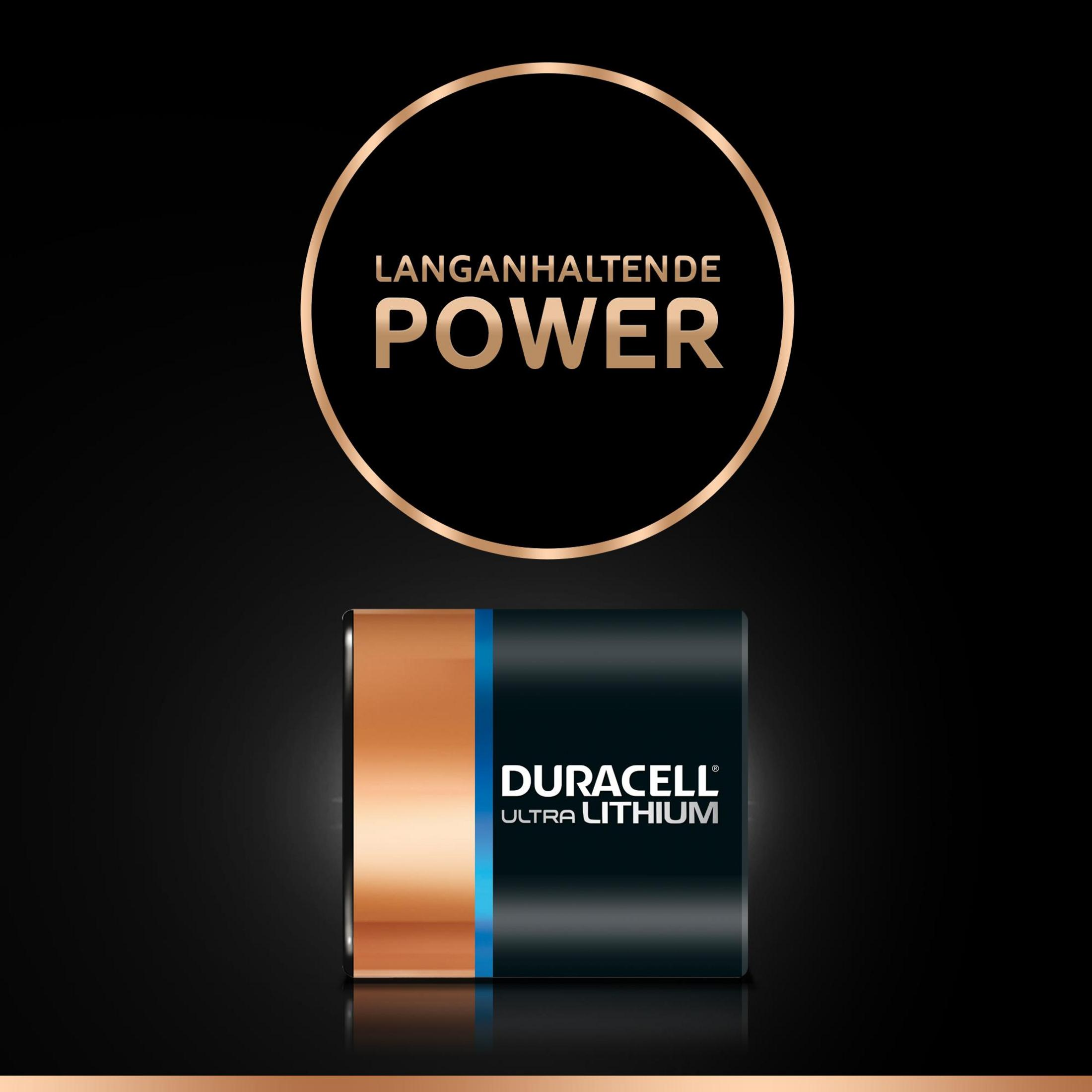 Bateria Duracell Ultra Lithium z tekstem power na czarnym tle.