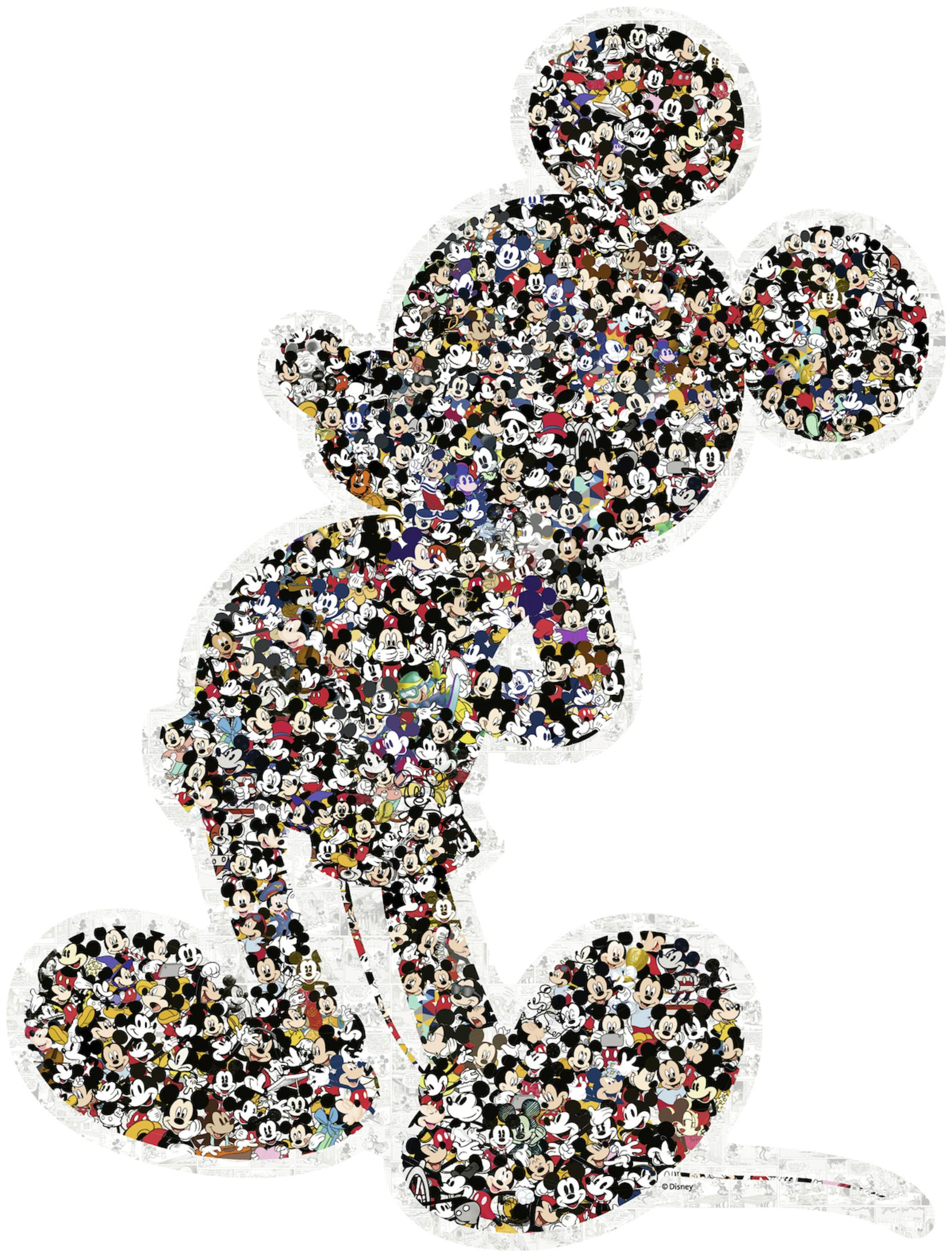 Mickey Mouse Silhouette aus vielen Mini-Mickey-Gesichtern. Die Silhouette befindet sich auf weißem Hintergrund.