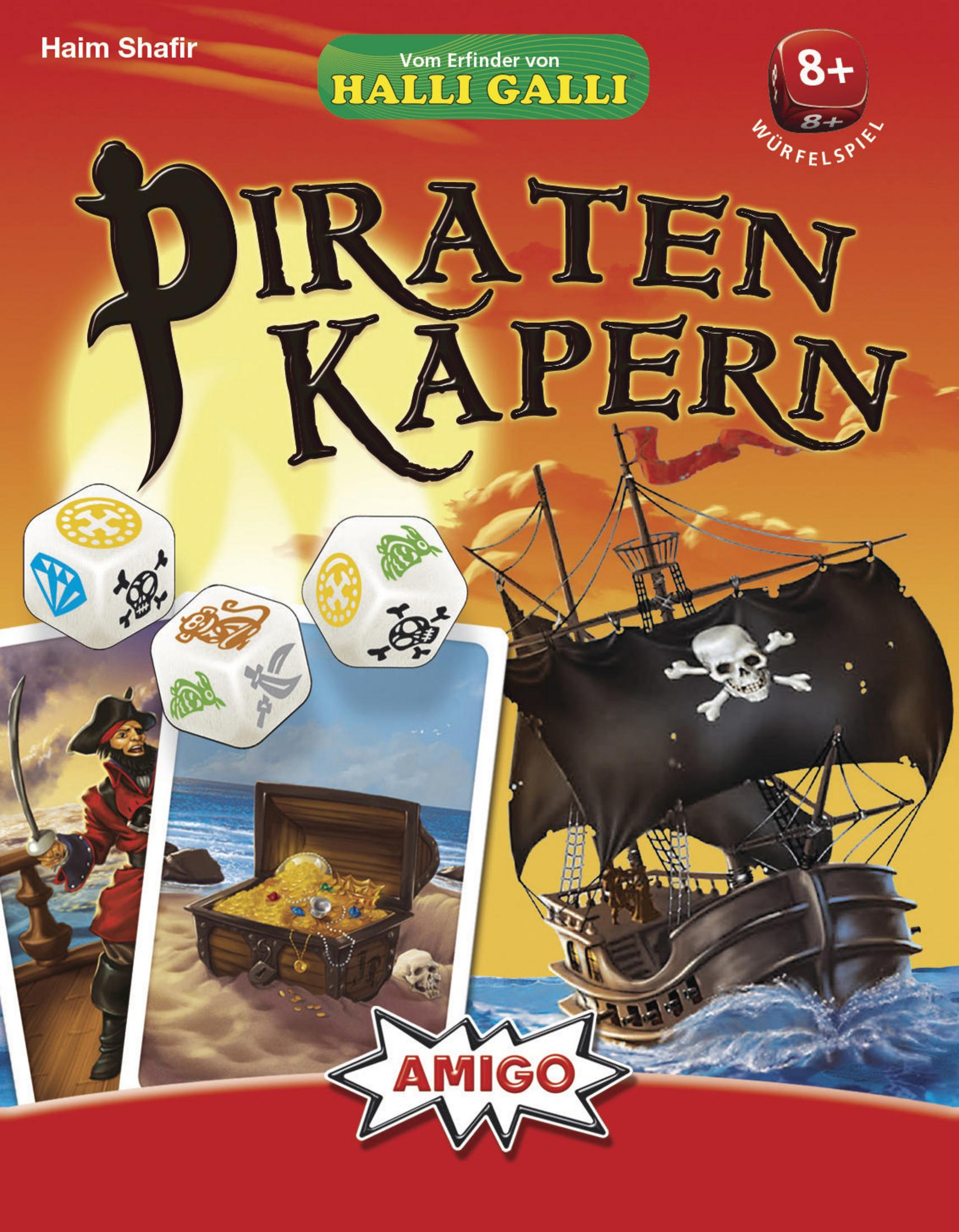 Une boîte de jeu de société sur le thème des pirates. Elle montre un navire pirate, des trésors et des dés.