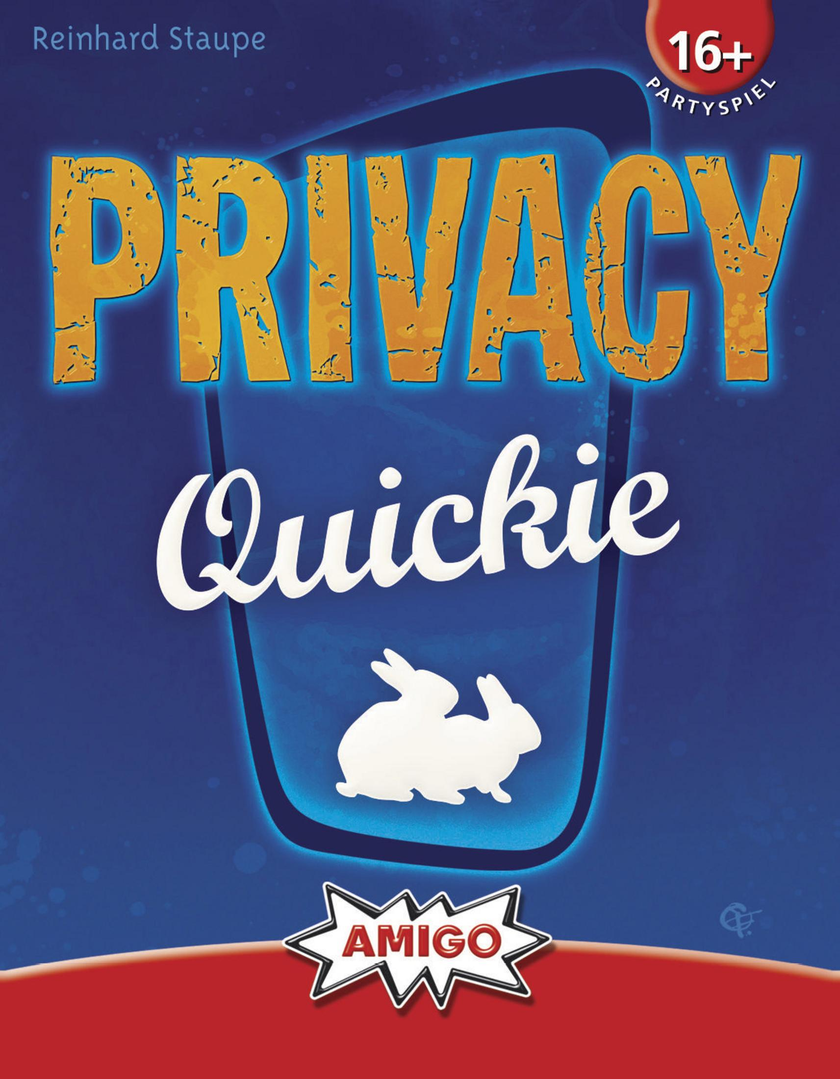 Spielbox mit dem Titel 'PRIVACY Quickie' mit Kaninchen und blauem Hintergrund.