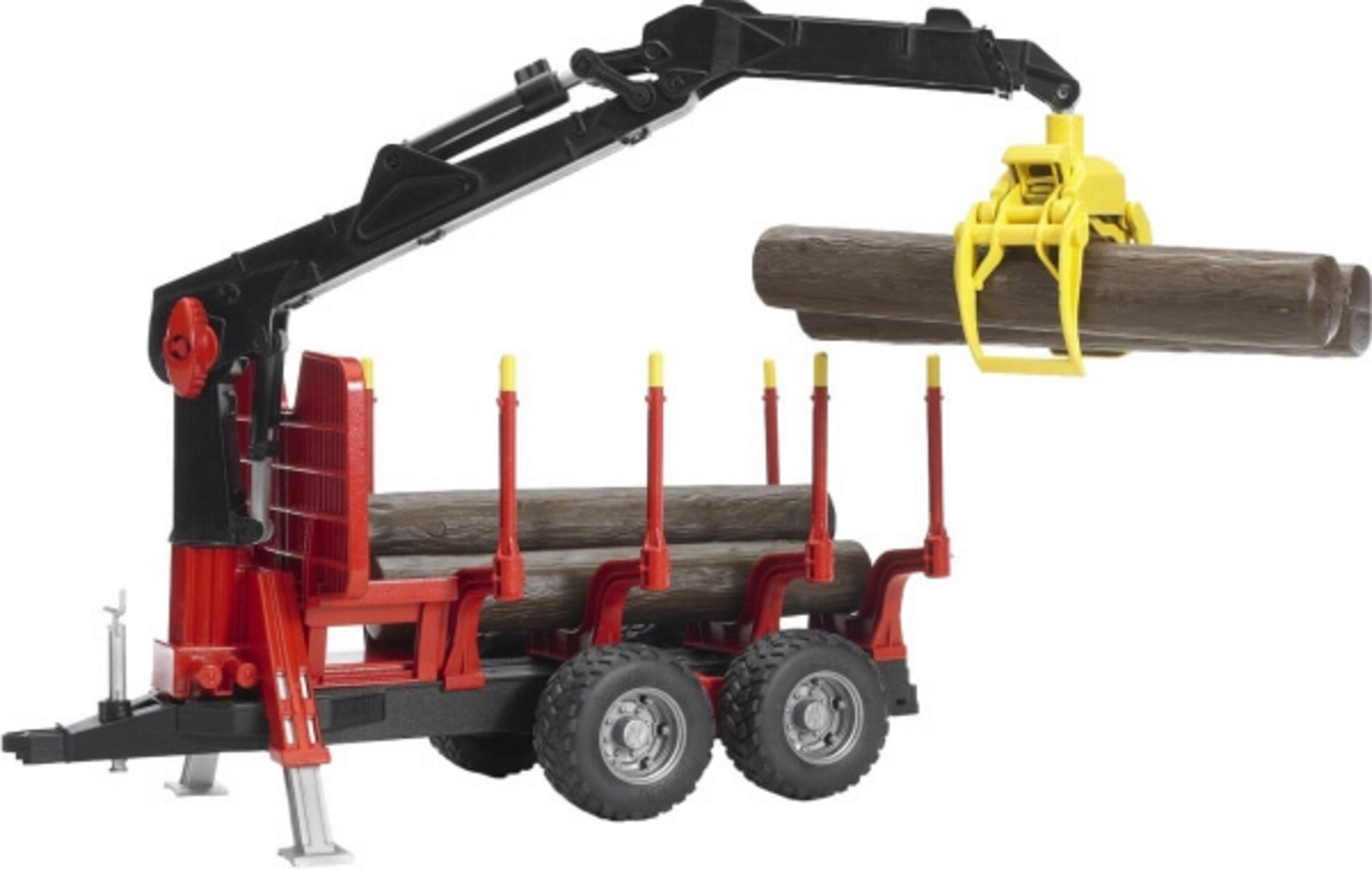 Zabawkowa ciężarówka do przewozu drewna z żurawiem podnoszącym kłody.