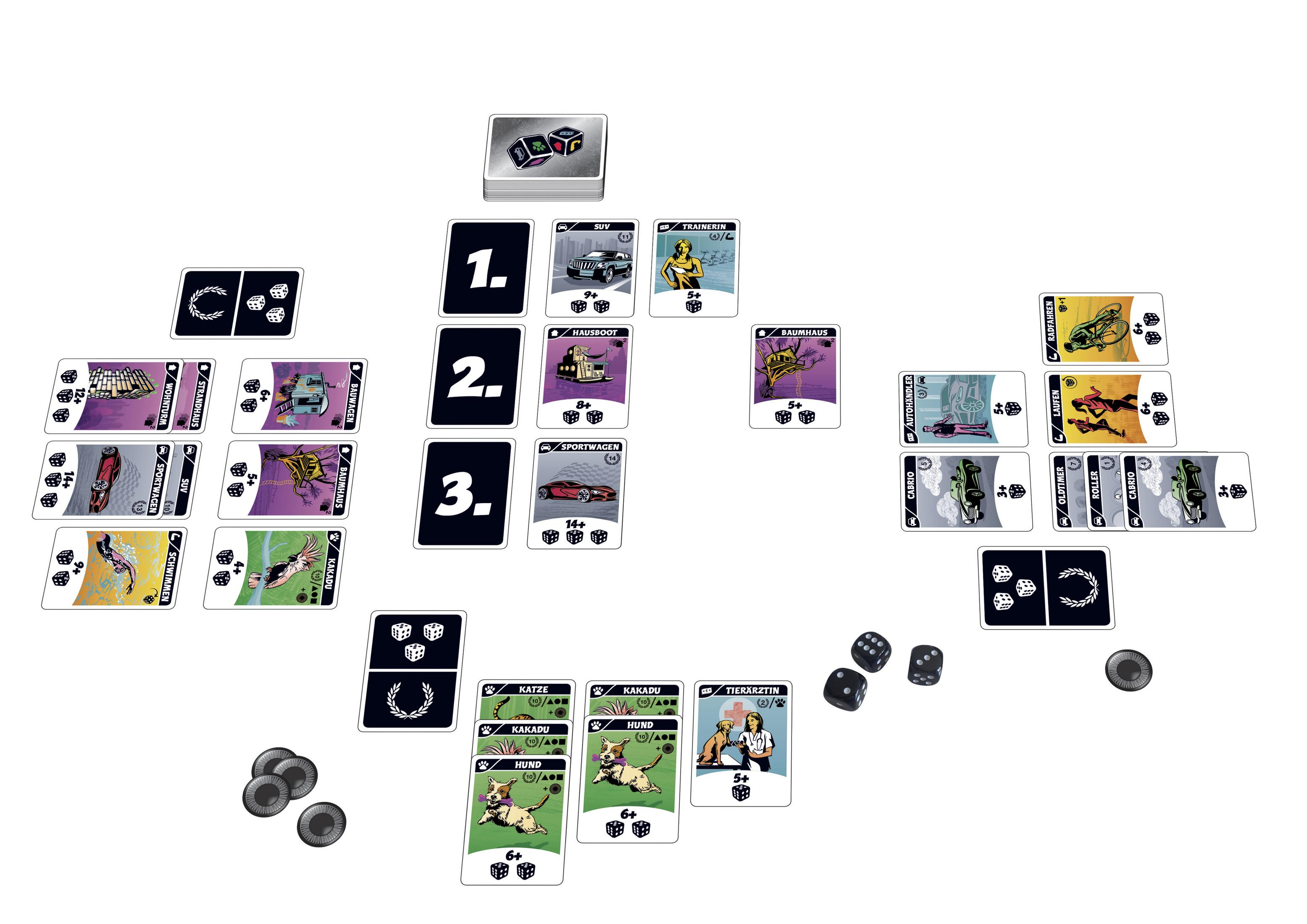 Ein Brettspiel-Layout mit Karten, Würfeln und Spielsteinen. Das Spiel befindet sich auf einer weißen Oberfläche.