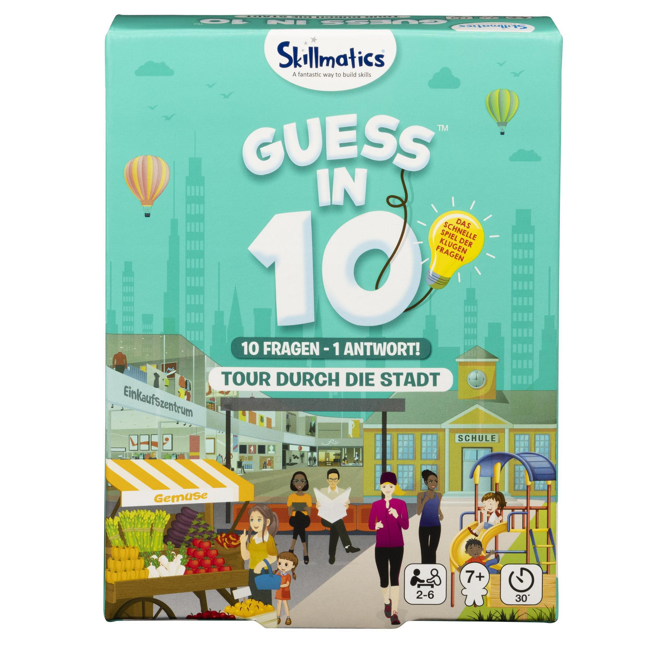 Guess in 10 Spielbox, mit einer Stadtszene und spielenden Kindern. Text ist auf Deutsch.