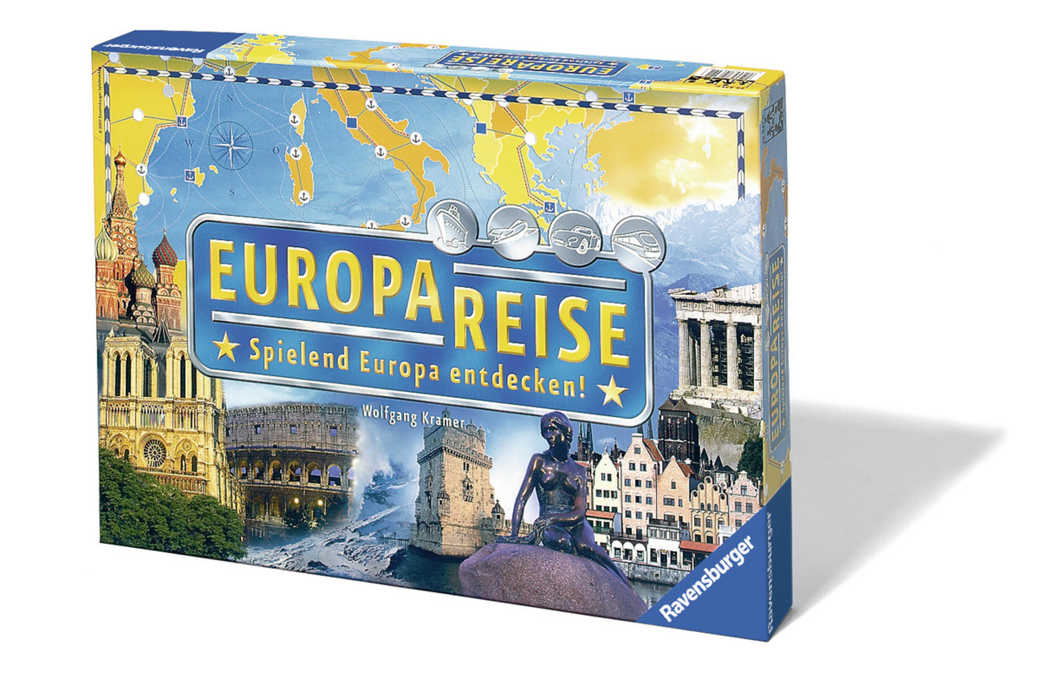 Europareise Brettspielbox: Bilder europäischer Wahrzeichen und eine Karte, mit blau-weißer Box.