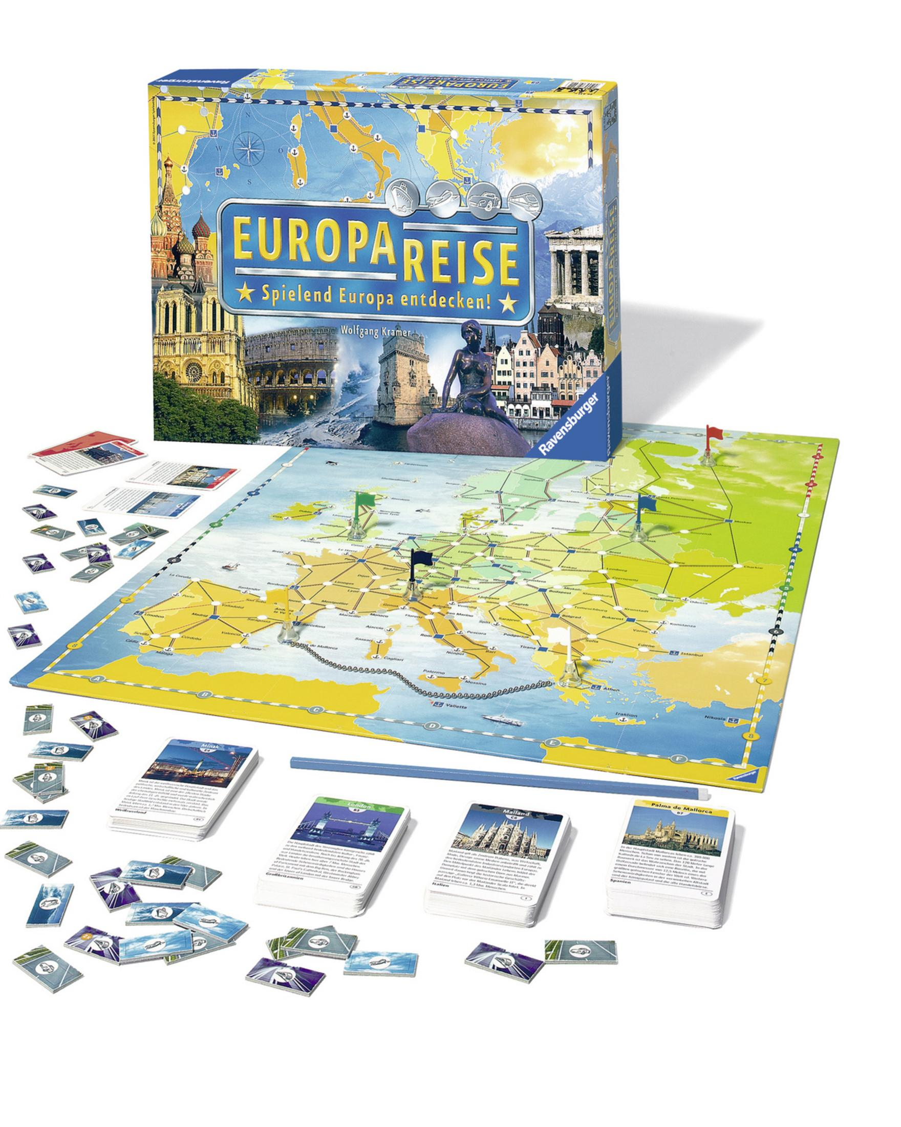 Europa Reise Brettspiel mit Karte, Spielsteinen und einer Box mit dem Spieletitel.