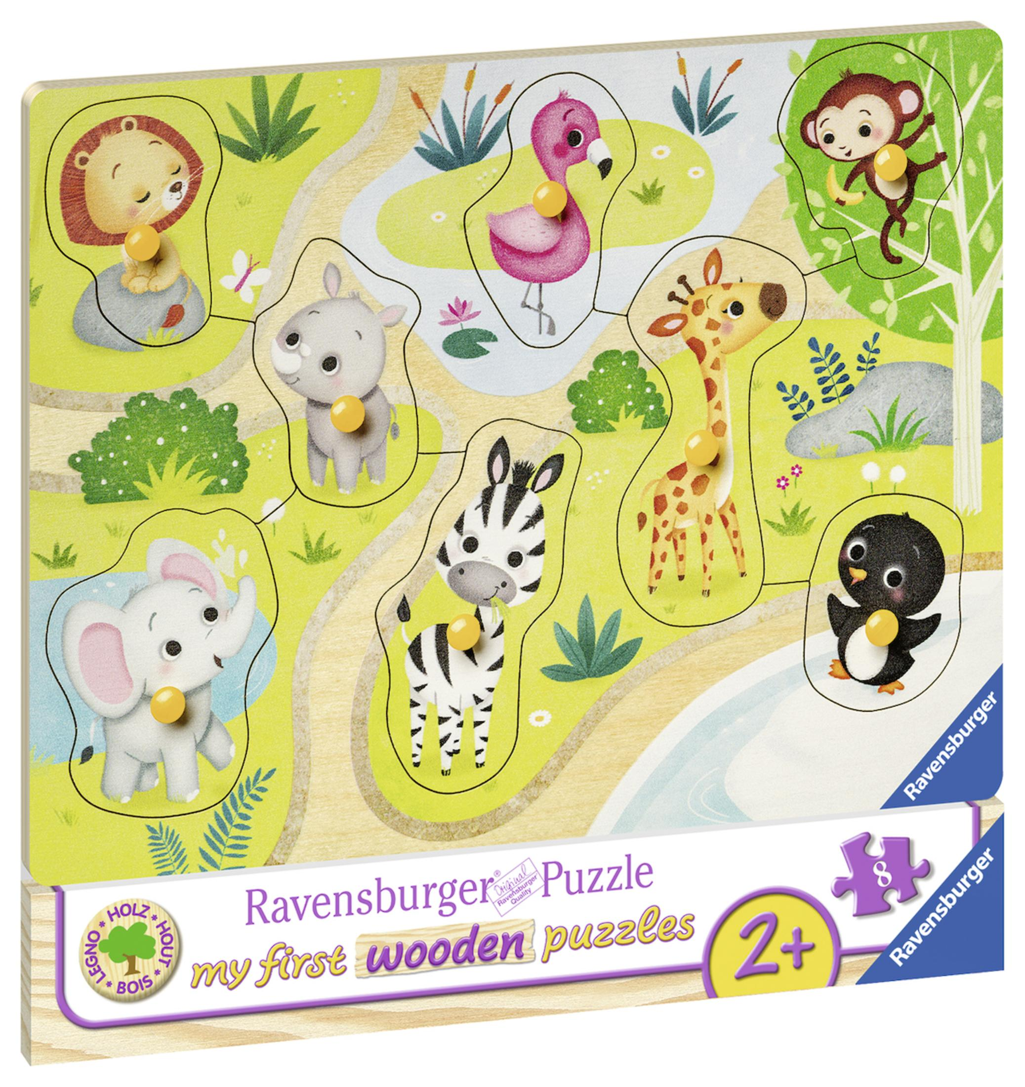 Puzzle in legno con forme di animali: leone, rinoceronte, fenicottero, scimmia, zebra, giraffa, pinguino ed elefante.