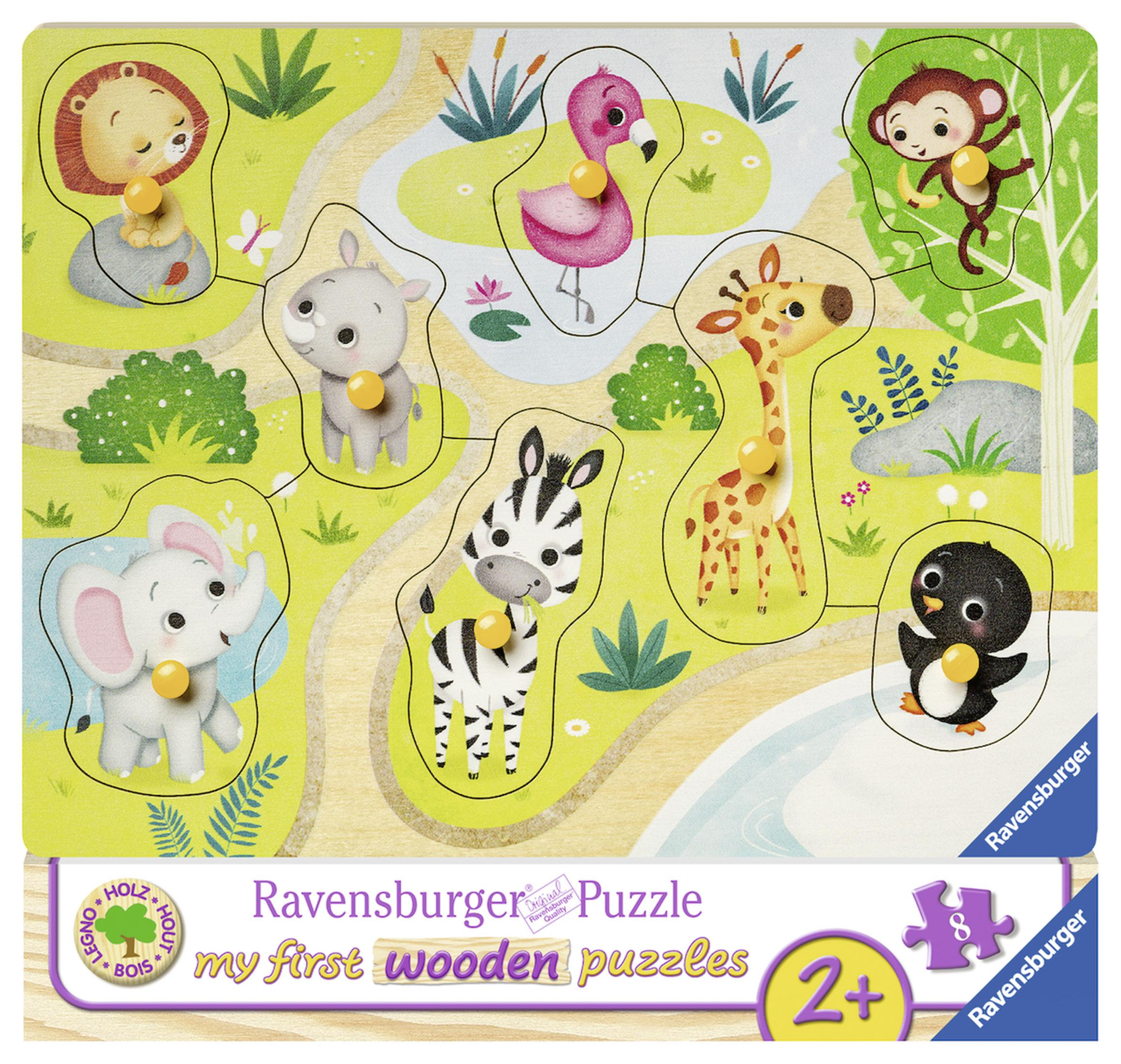 Puzzle in legno con forme di animali. Leone, fenicottero, scimmia, giraffa, zebra, elefante e pinguino. Colori vivaci.